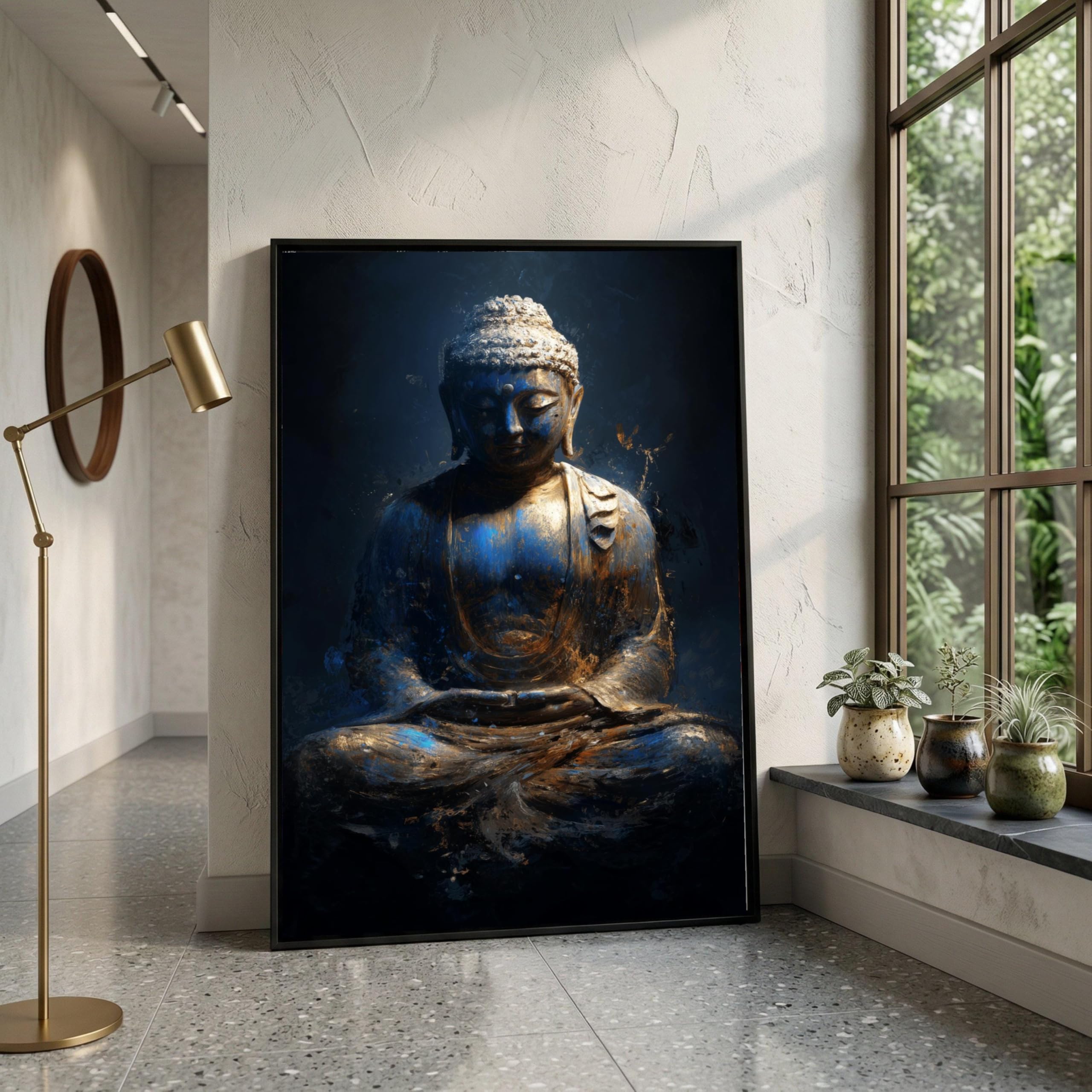 YUSUZHU Quadro su tela con statua di Buddha in meditazione, arte del Buddha blu e oro, decorazione murale spirituale, decorazione zen per la casa, dipinto (60x90 cm/cornice interna)