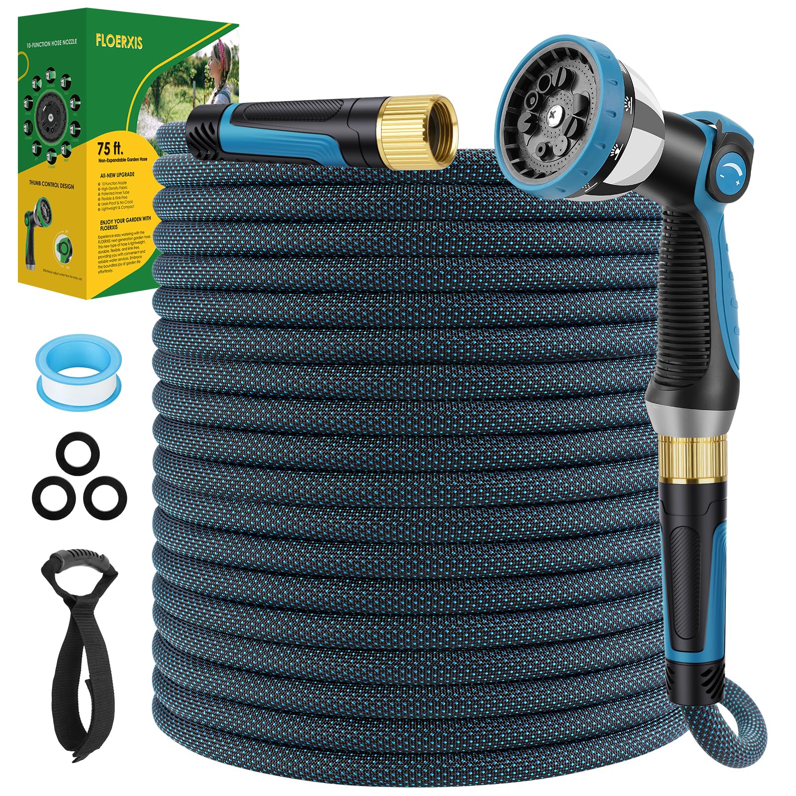 FLOERXIS Non-Expandable Garden Hose 50 FT, Lightweight Hose with 10 Function Spray Nozzle, Kink-Free Flexible Water Hose, Durable, Leak-Proof, 360° Swivel Connectors, Portable Storage Strap — view 10