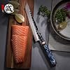 mitsumoto sakari 21 cm japanese knife hand-forged kitchen knife made of tri-color copper damascus steel professional meat sushi chef's knife (blue resin handle and exquisite wooden box)