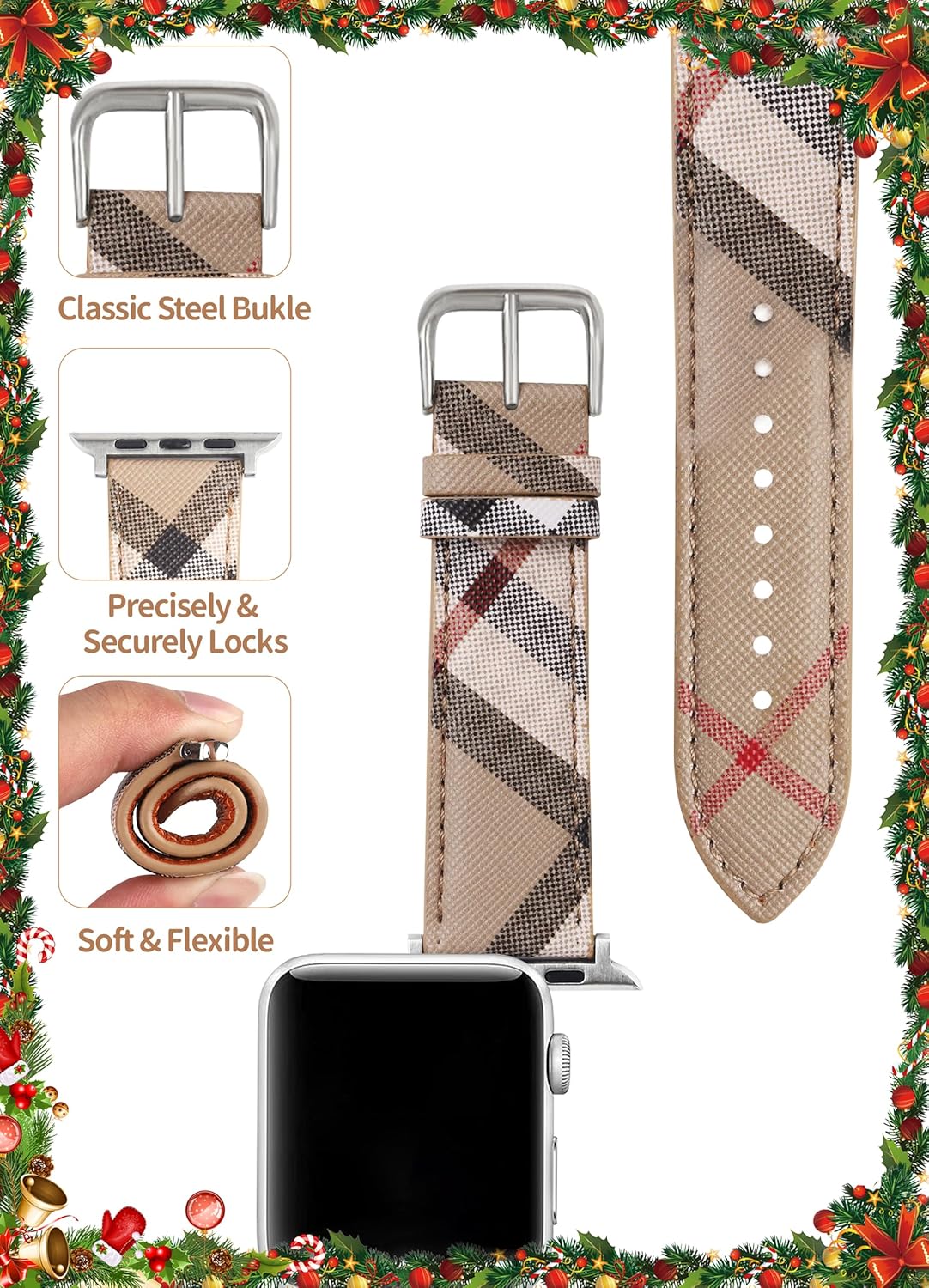 Designer Watch Band for Women Compatible with Apple Watch Bands 41mm 40mm 38mm, Luxury Leather Classic Beige Plaid Watch Band Compatible for iWatch Series 10/9/8/7/6/5/4/3/2/1/SE - Image 3