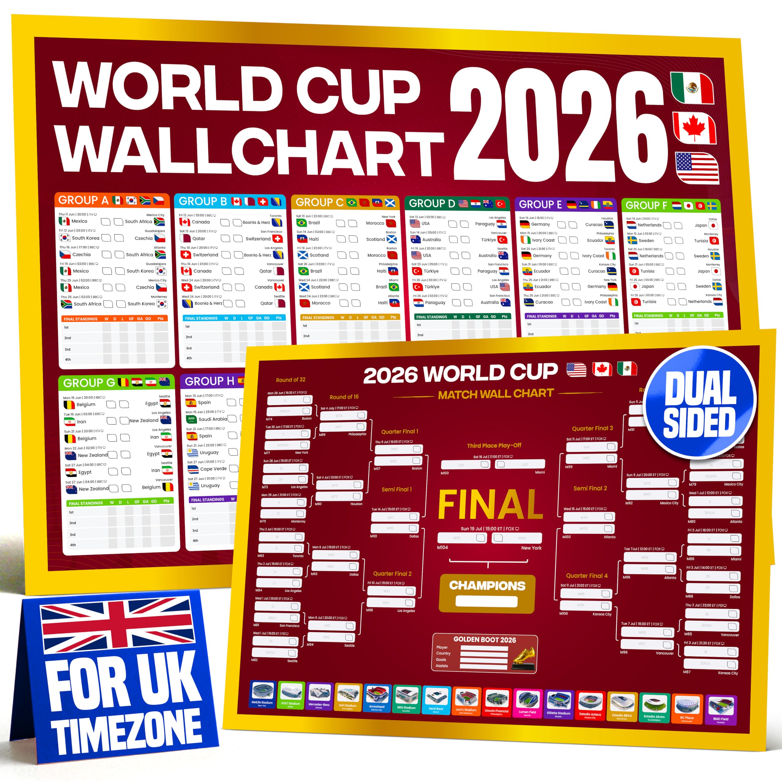 World Cup Wall Chart 2026 | A1 Size 2026 World Cup Football Poster with UK Fixtures, Dates, Kick Off Times, Stadiums & Host Cities | World Cup Sweepstake & Prediction Chart