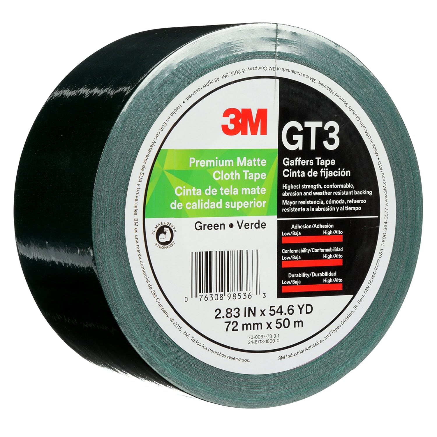 3M プレミアムマットクロス (ガファー) テープ GT3、グリーン、72mm x 50m、11ミル