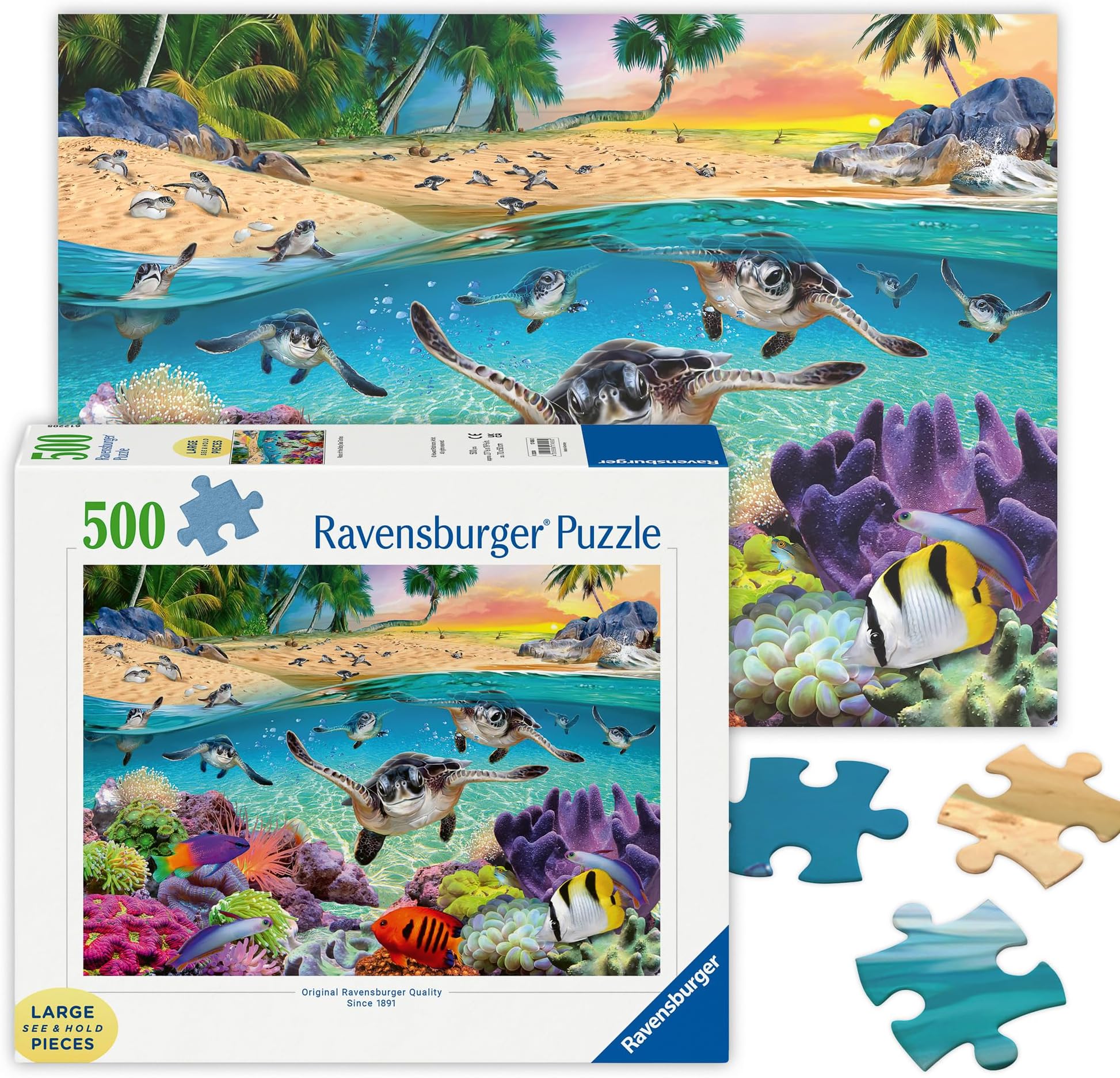 Race of The Baby Sea Turtles - 500 Piece Large Format Jigsaw Puzzle - Stunning Imagery - Unique Depiction Under The Sea - Premium Quality - Puzzles for Adults