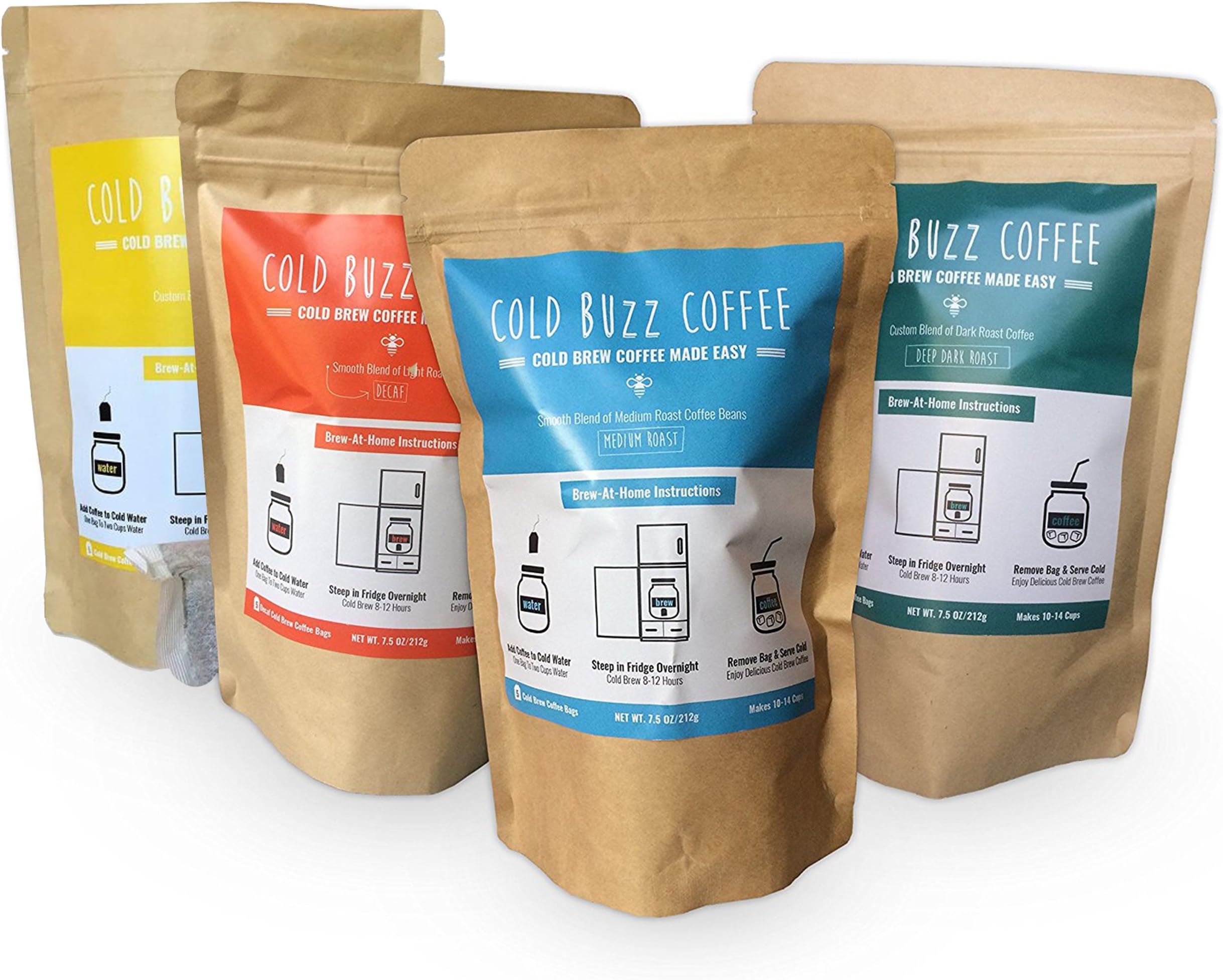 4-Flavor Cold Brew Iced Coffee 20 Bag Variety Set | 4 (5-Packs) of Cold Buzz Coffee Cold Brew Grinds | Home Cold Brew Coffee Bean Bag Sachets | Medium, Dark, Hazelnut, and Decaf Roasts