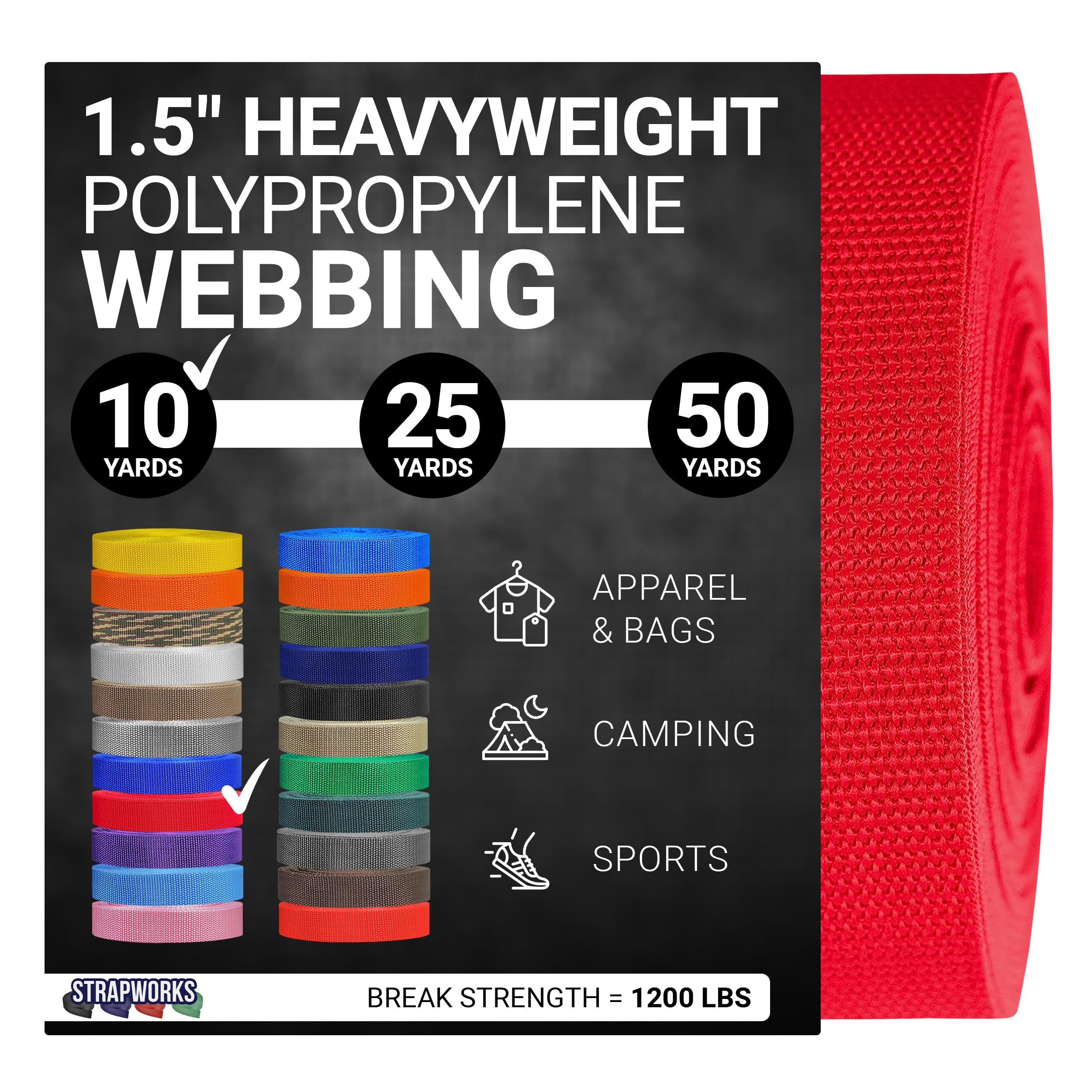 Strapworks Heavyweight Polypropylene Webbing - Heavy Duty Poly Strapping for Outdoor DIY Gear Repair, 1.5 Inch x 10 Yards, Red โ image 1