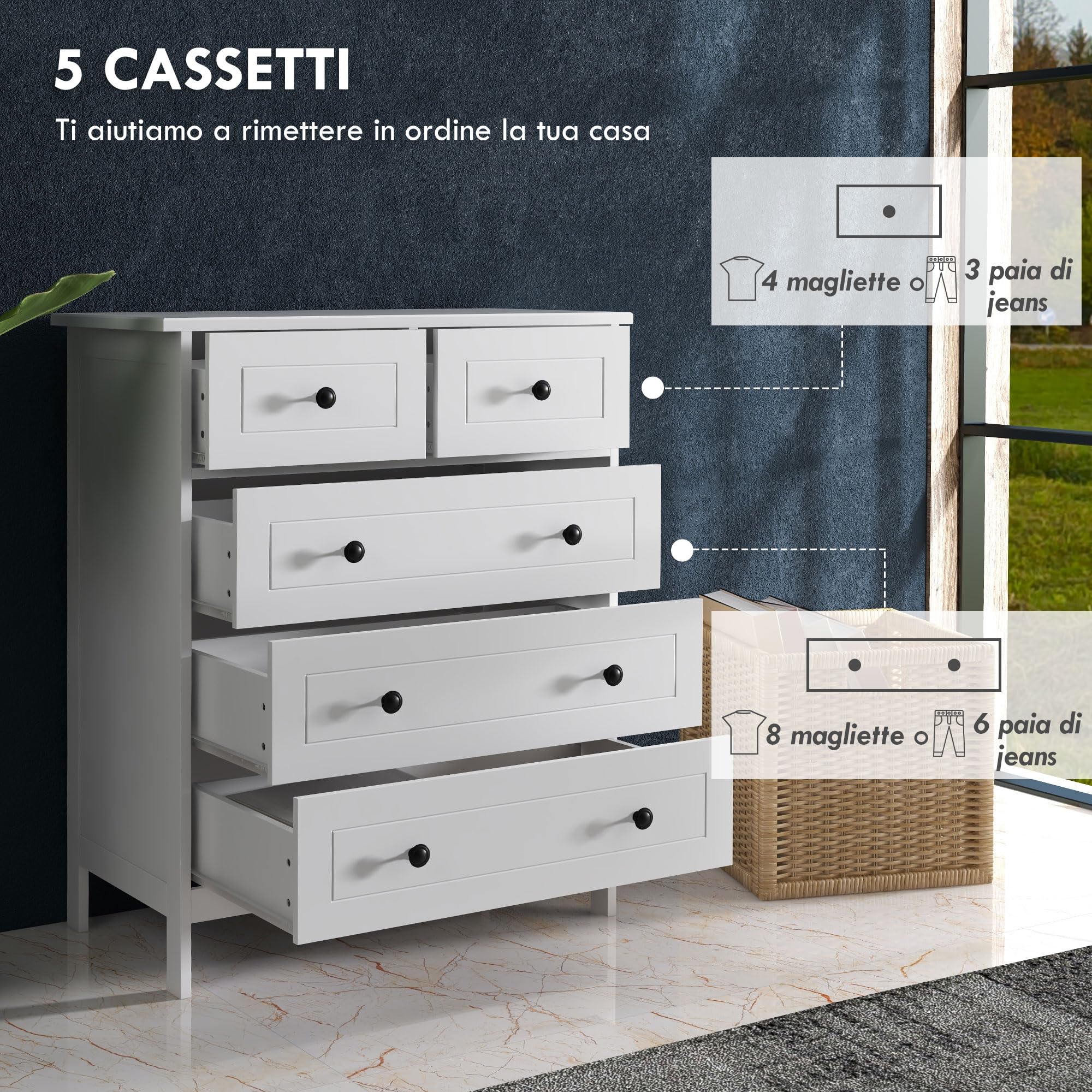 HOMCOM Cassettiera Camera da Letto, Cassettiera 5 Cassetti in Legno con Maniglie, Comò Salvaspazio e Antiribaltamento, per Soggiorno, Camera da Letto e Ingresso, 74x40x91cm, Bianco