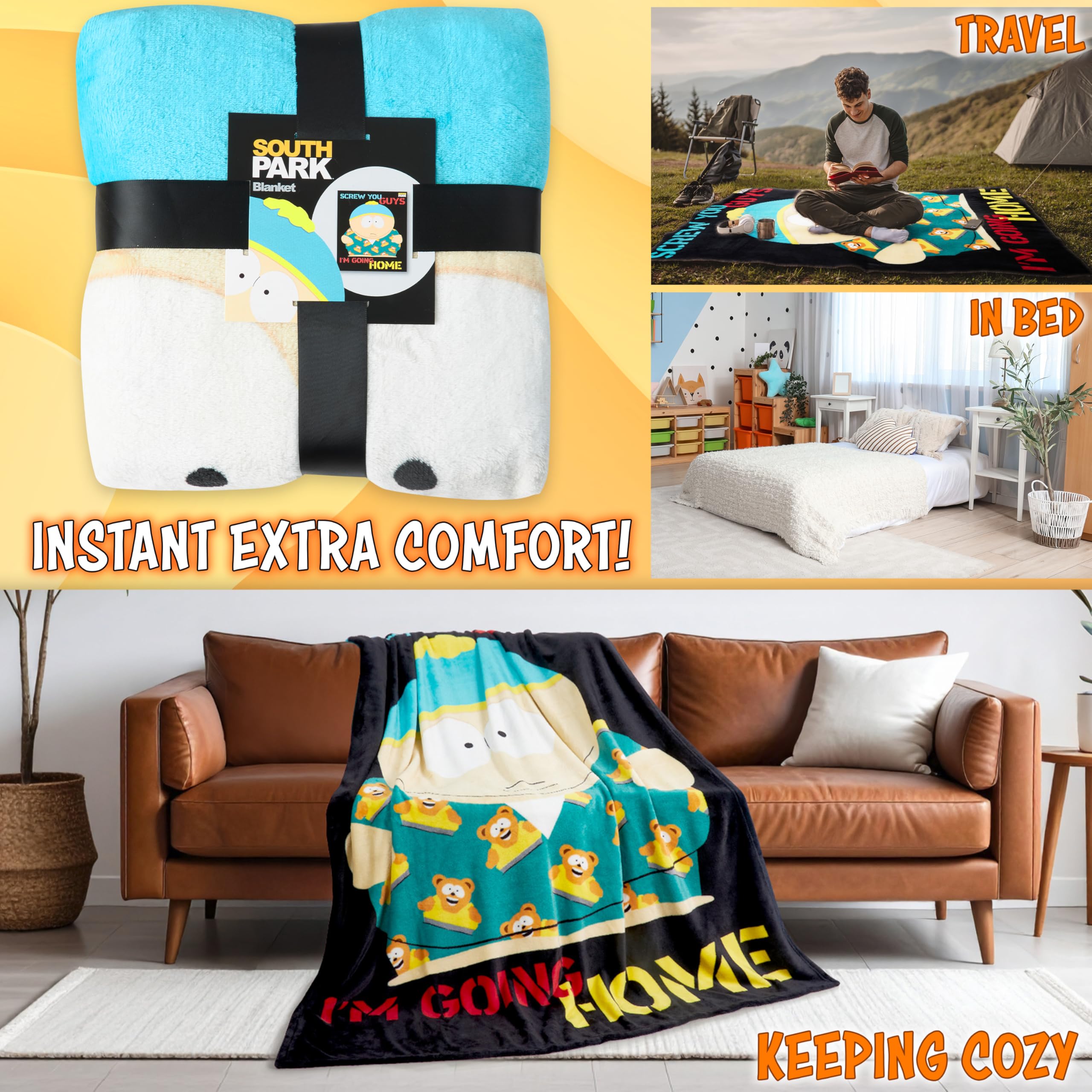 South Park Eric Cartman Kenny Fleece Blanket Soft Warm Picnic Travel Blanket 130 X 150 Cm Black/Multi Eric