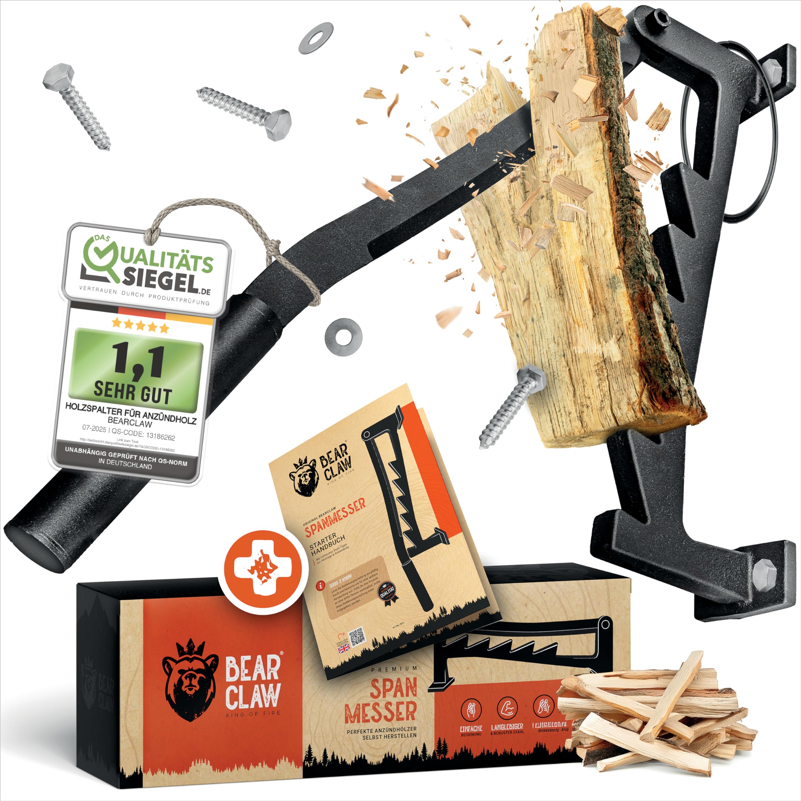 BearClaw Holzspalter manuell - Anzündholz Spalter zur Wandmontage - Handholzspalter, Spanmesser, Wand Holzspalter, Spalter Holz, Wood Splitter - Indoor & Outdoor Holz spalten - inkl. Anleitung