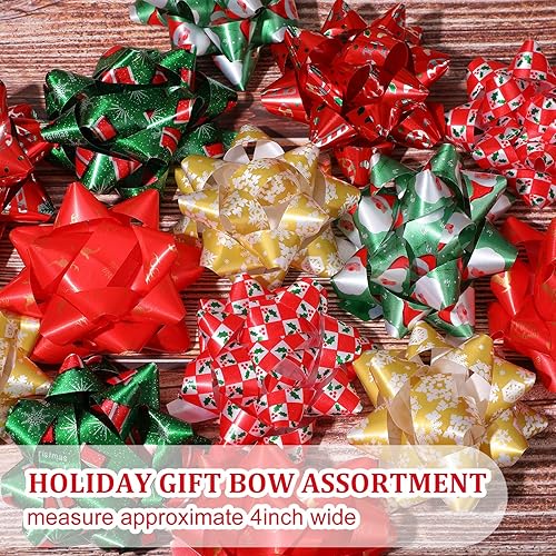 Miniatura 5 de Paquete de 24 lazos de Navidad para envolver regalos, lazos de regalo, varios lazos de Navidad autoadhesivos, lazos de estrella para regalos de