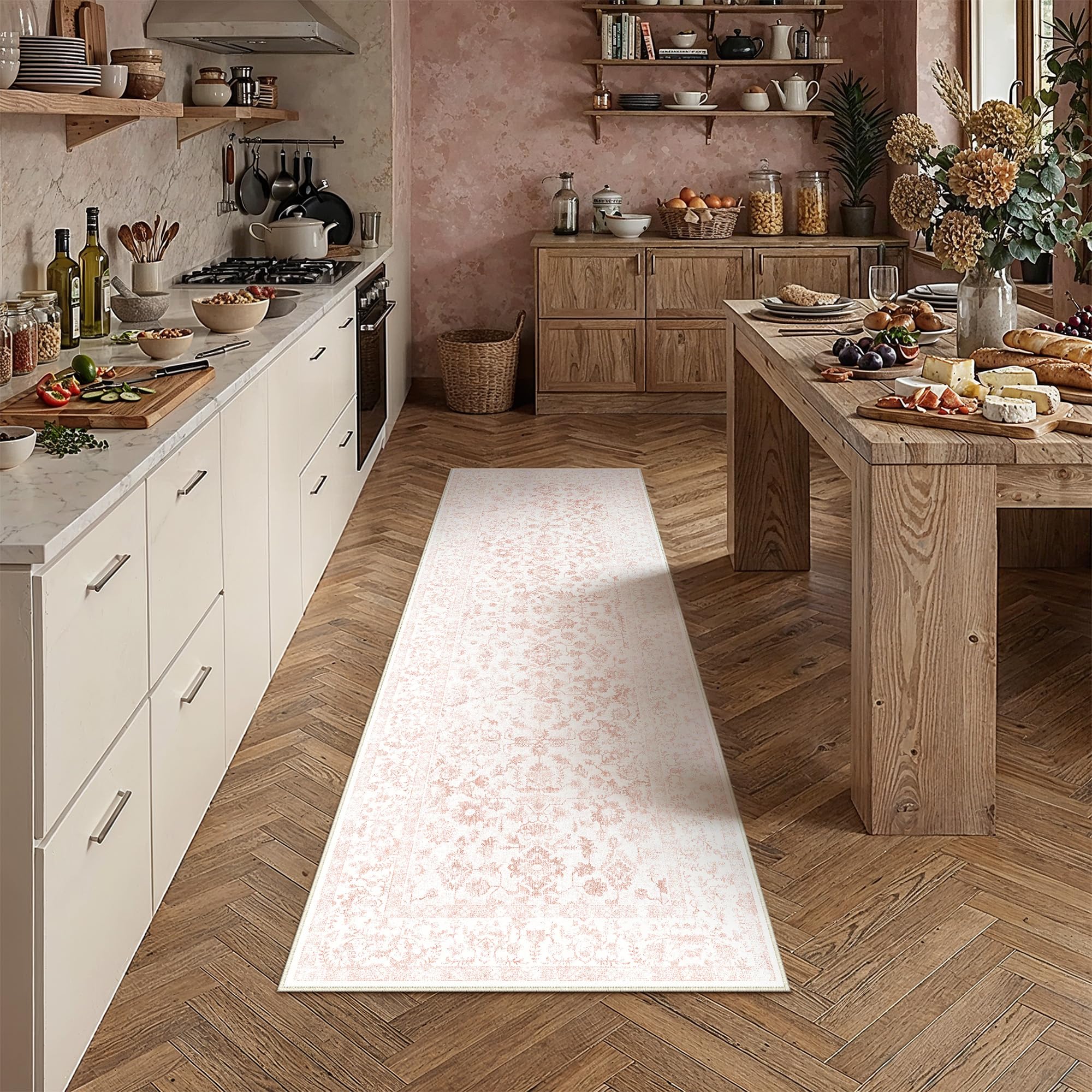 PureCozy 2x6 Pink Runner Rug Washable Hallway Non Slip Kitchen Vintage
