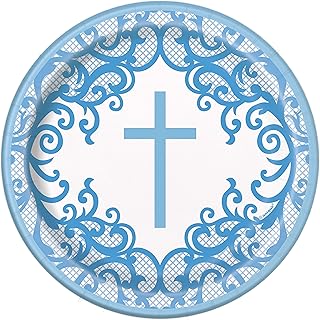 Fancy Blue Cross Round Dessert Plates - 8 Pcs