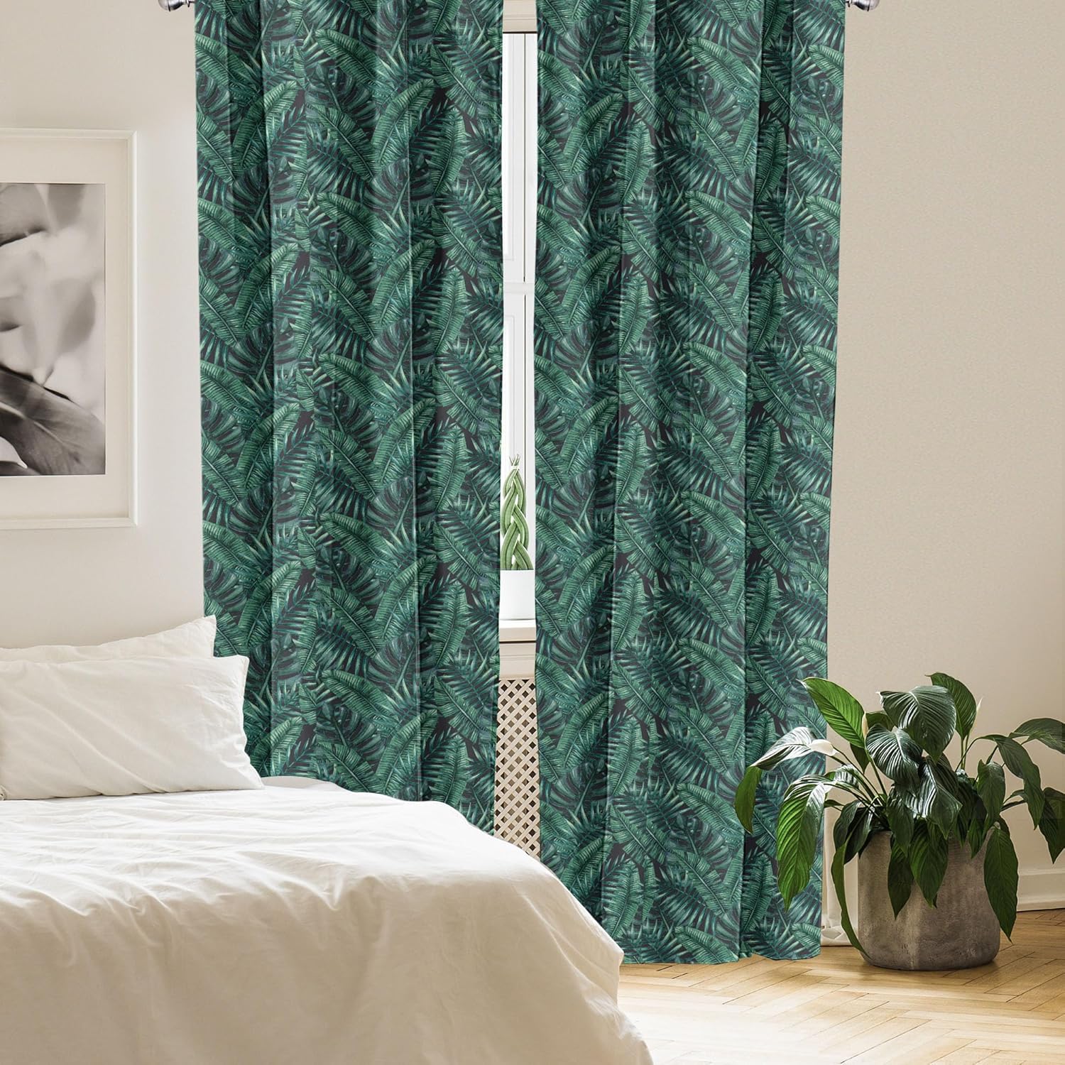 Ambesonne Palm Leaf Curtains, Watercolor Tropical Jungle Leaves Pattern Fresh Rainforest Hawaii Summer, Window Treatments 2 Panel Set for Living Room Bedroom, Pair of - 28" x 63", Charcoal Green