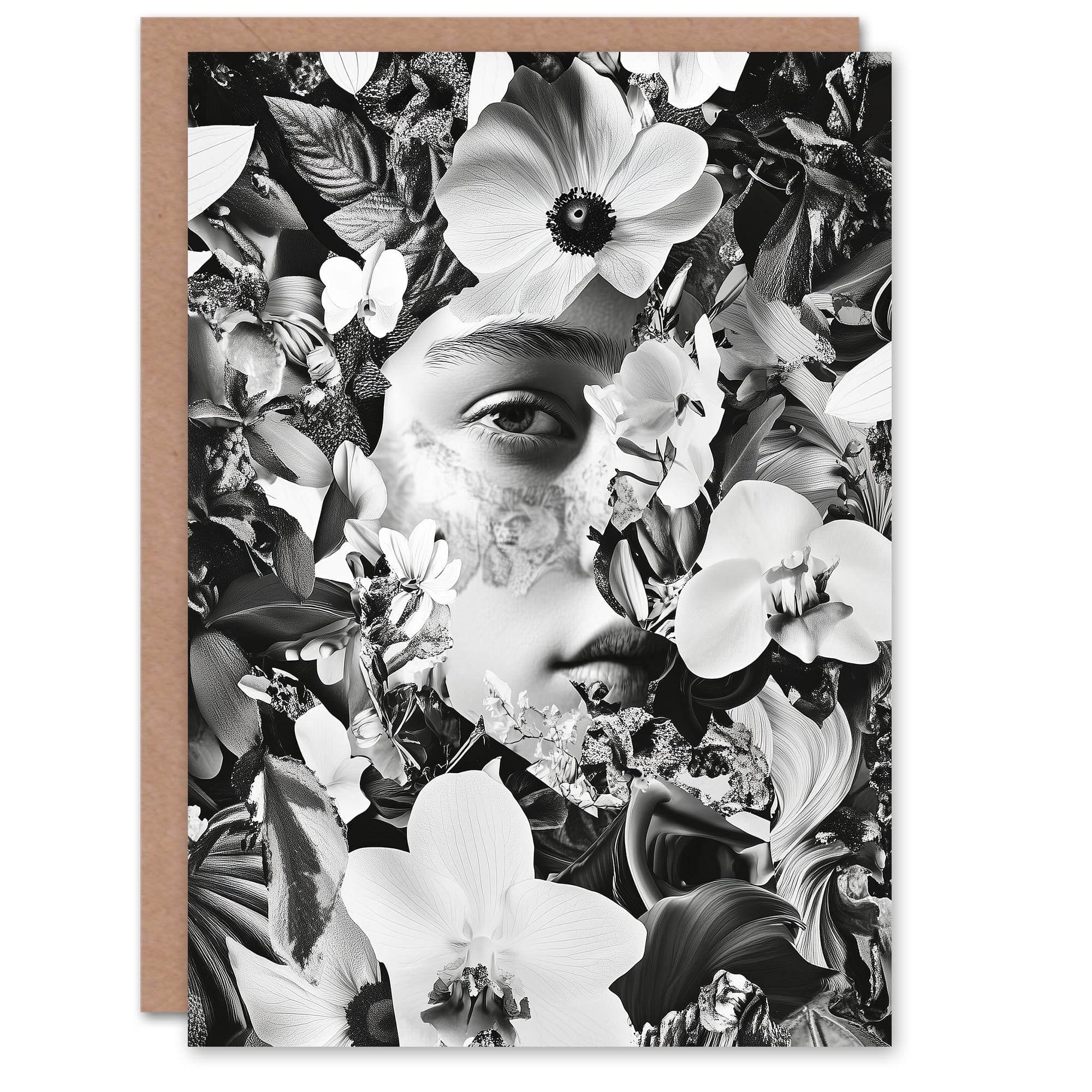 Artery8 Greeting Card Spring Face Flower Blooms Black White Collage For Her Woman Birthday Card