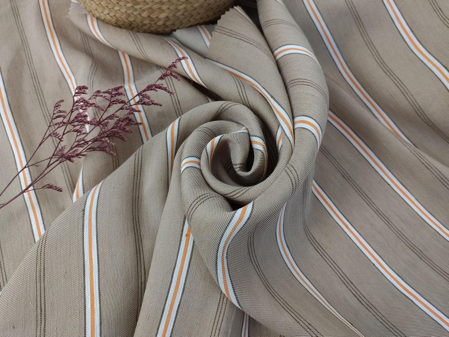 Linen Rayon Twill Fabric with Stripe Pattern, Subtle Glossy Effect 6809 6810 7154 Beige