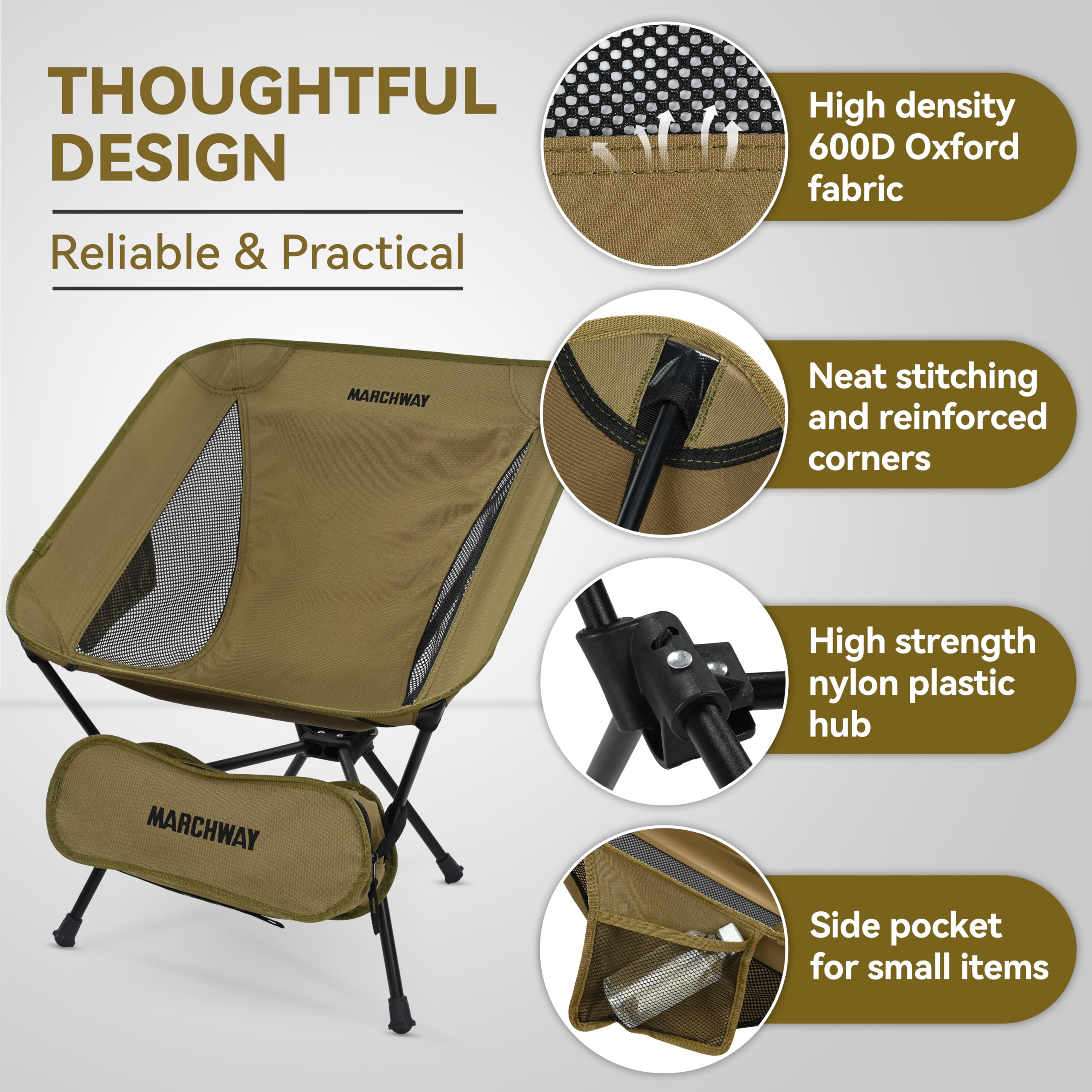 MARCHWAY Silla de camping plegable ligera, estable y portátil compacta para campamento al aire libre, viajes, playa, picnic, festival, senderismo, mochilero, soporta 330 libras (caqui)