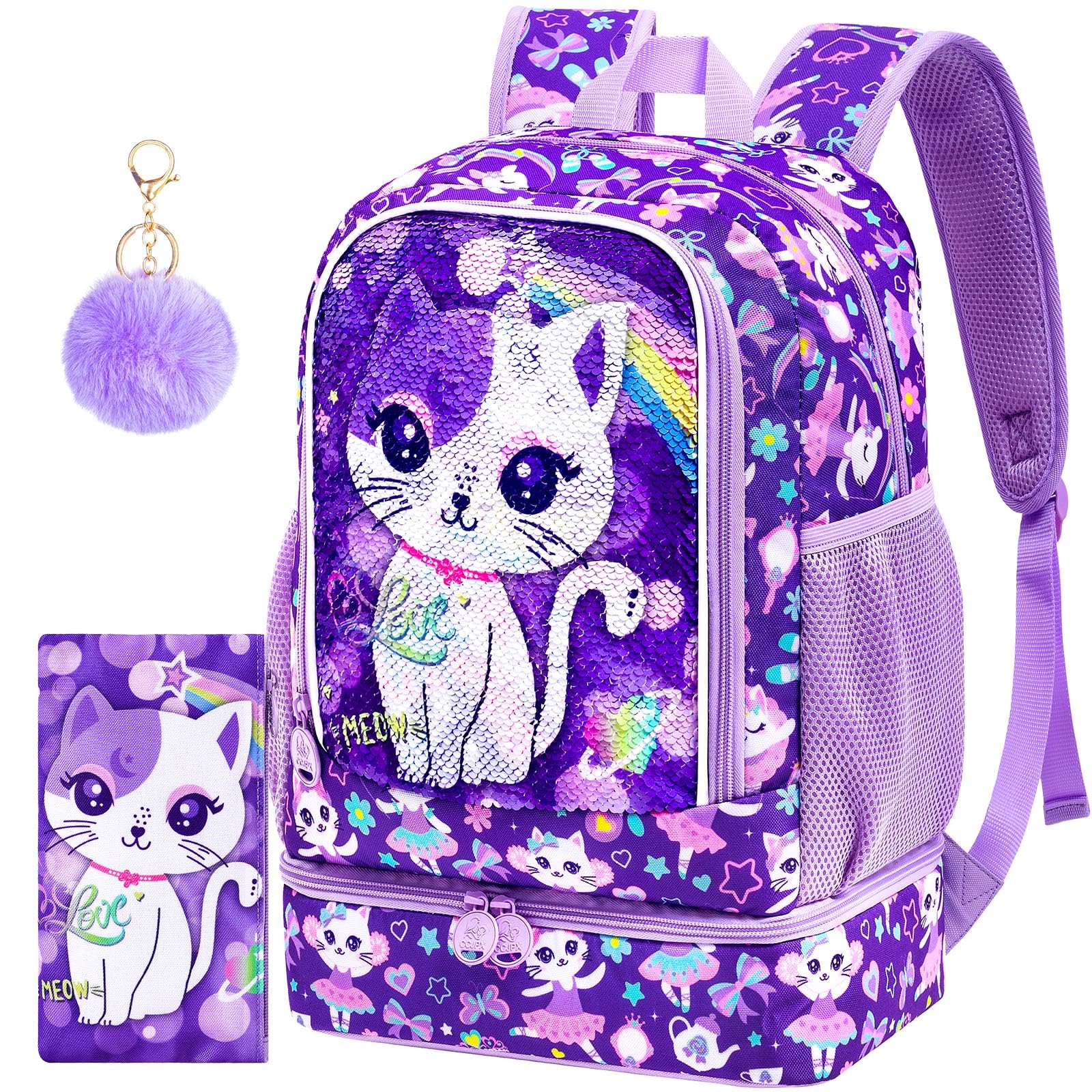 KLFVB 3PCS Cat Uni Dinosaur Backpack for Girls and Boys, 16" Kids Bookbag and Lunch Box, Preschool Backpacks for Elementary