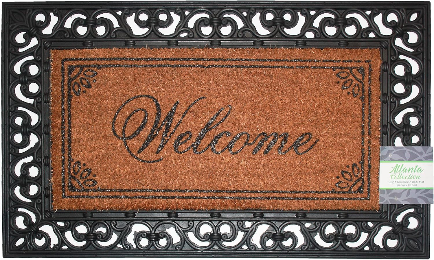 Kashi Home Printed Grill Brush Coir Outdoor Doormat, Welcome Mat, Atlanta Collection 18" x 30" (Border Script Welcome)