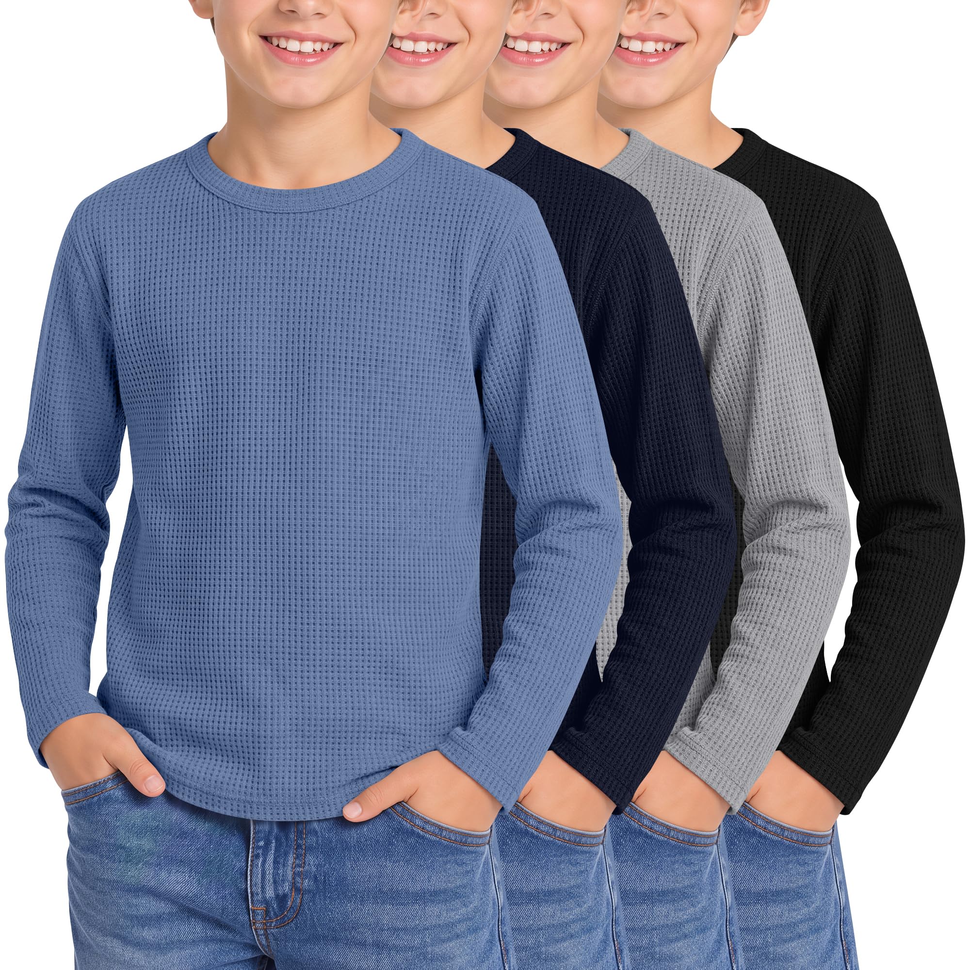 4 Pack Boys Long Sleeve Waffle Knit Thermal Shirts