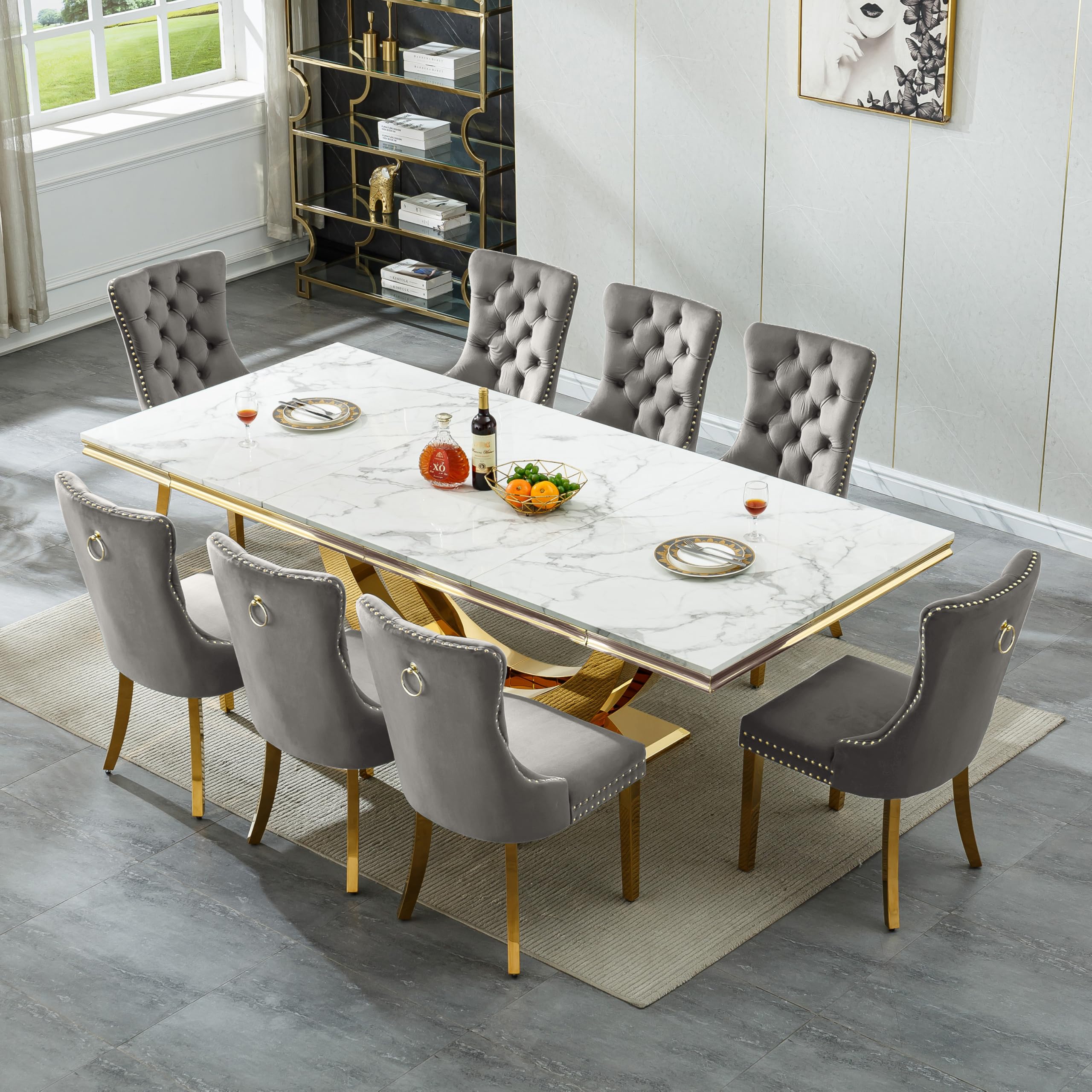 94.5" Large Marble Dining Table Set for 8, Luxury White Gold Kitchen Table with 8 Grey Velvet Dining Chairs, Modern Fuax Marble 9-Piece Dining Room Table Set for 8 w/Stainless Steel U-Base