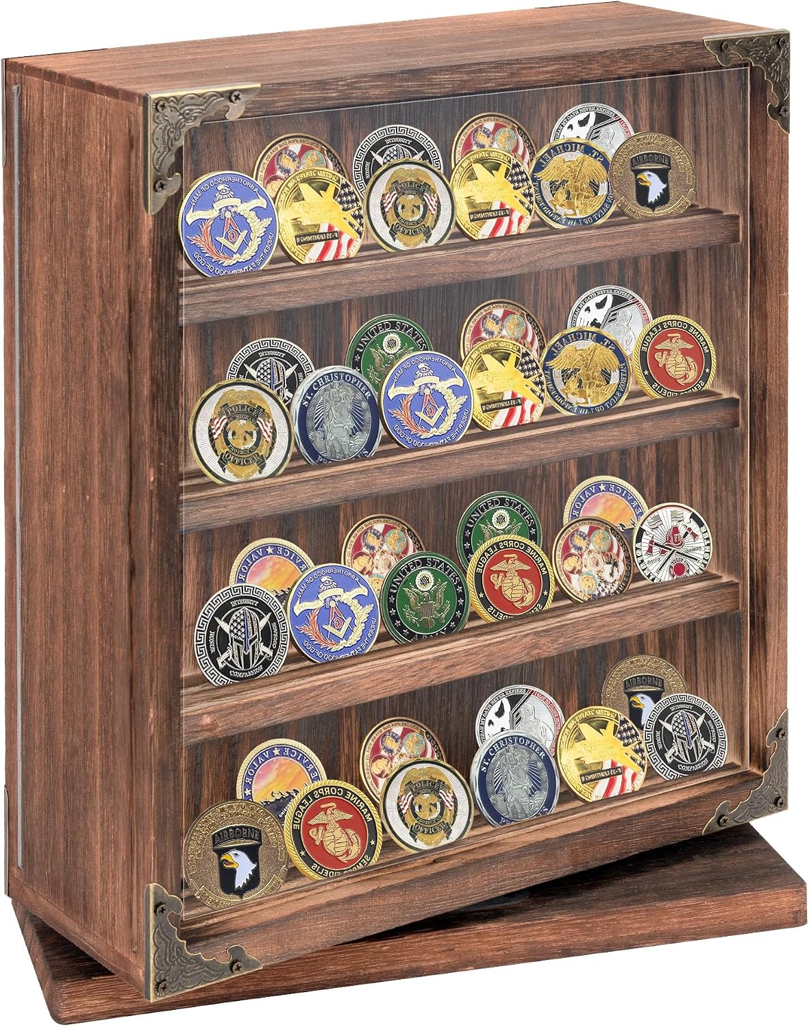Rotating Challenge Coin Display Case, Double-Sided Collector Display Cabinet with 4 Layers & 2 Slots, Acrylic Door, Wooden Military Coin Holder for Challenge Coin Collectors