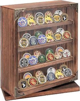 Rotating Challenge Coin Display Case, Double-Sided Collector Display Cabinet with 4 Layers & 2 Slots, Acrylic Door, Wooden Military Coin Holder for Challenge Coin Collectors