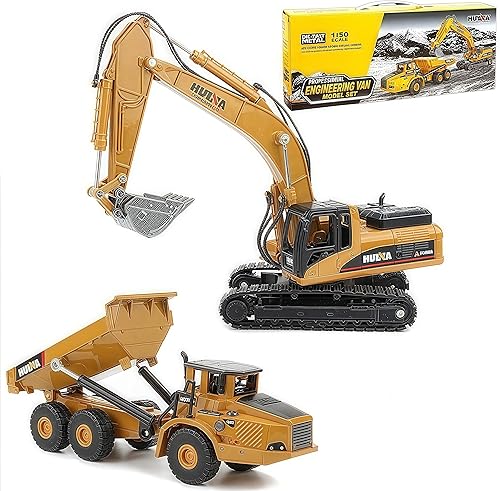 Miniatura 8 de Gemini&Genius Juego de 2 piezas de vehículos de construcción, camión volquete y excavadora, de metal pesado, escala 1/50, excavadora y descargadora