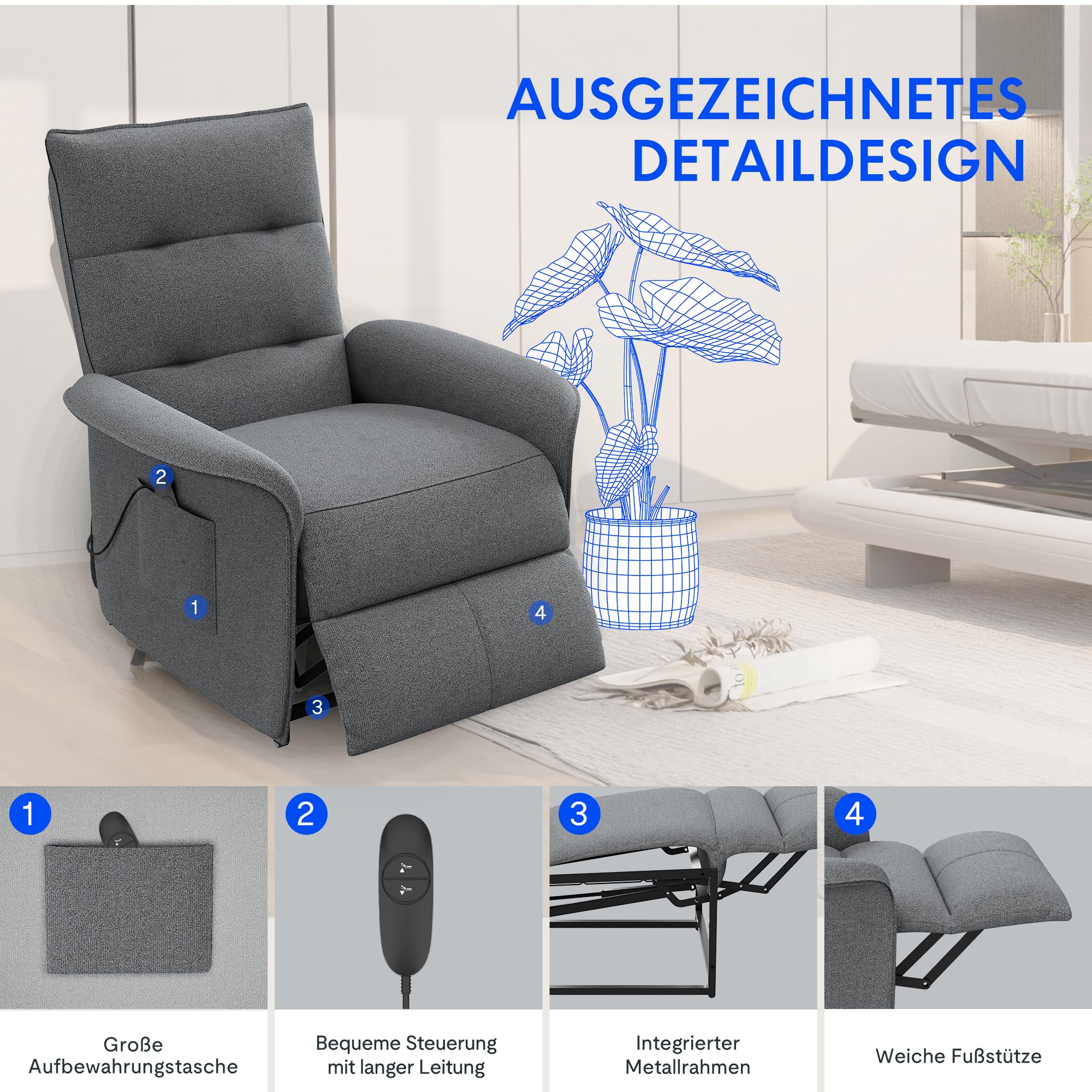 FLEXISPOT Poltrona Relax Elettrica Push Back Sedia Relax Ergonomica Schienale Regolabile 105-155°, Per Arredo Salotto, Soggiorno e Ufficio