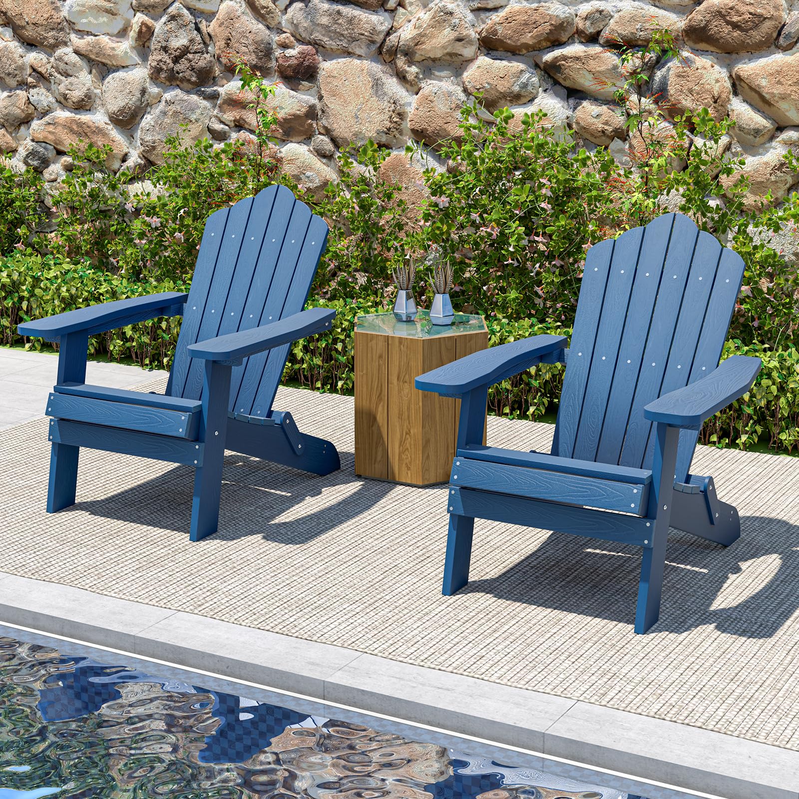 KOMFOTTEU Silla Adirondack Plegable, Silla de Jardín de Hips con Respaldo Inclinado y Reposabrazos Anchos, Sillón Ergonómica con Carga de 180 kg, Asiento de Exterior para Balcón, Terraza (Azul)