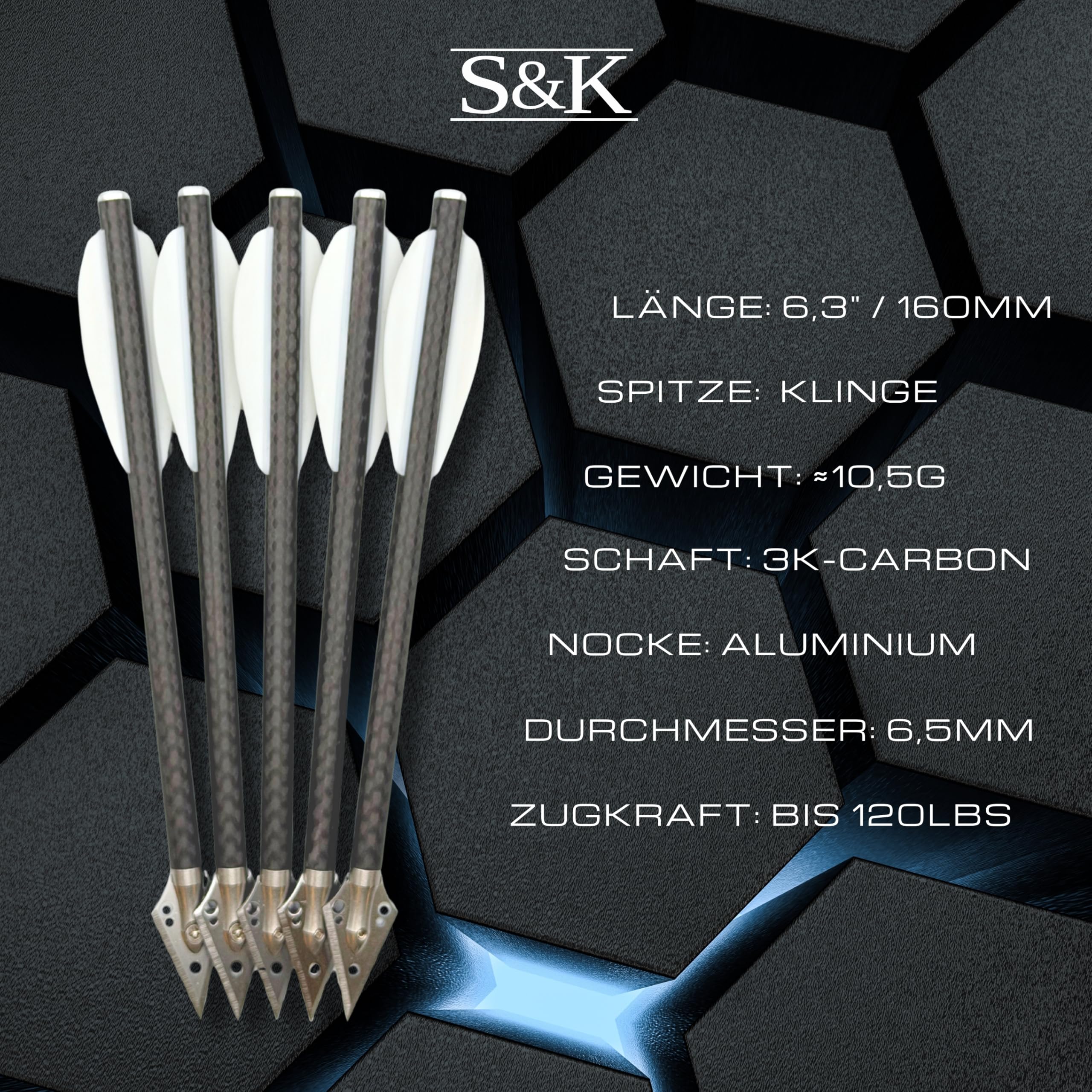 S&K - 5X Premium 3K Carbon Jagdbolzen 6,3" für Pistolenarmbrust – für Steambow Stinger, EK Archery Vlad & Cobra, Mey Interceptor UVM. – Hochpräzise Armbrustpfeile mit Jagdspitzen & weißen Vanes