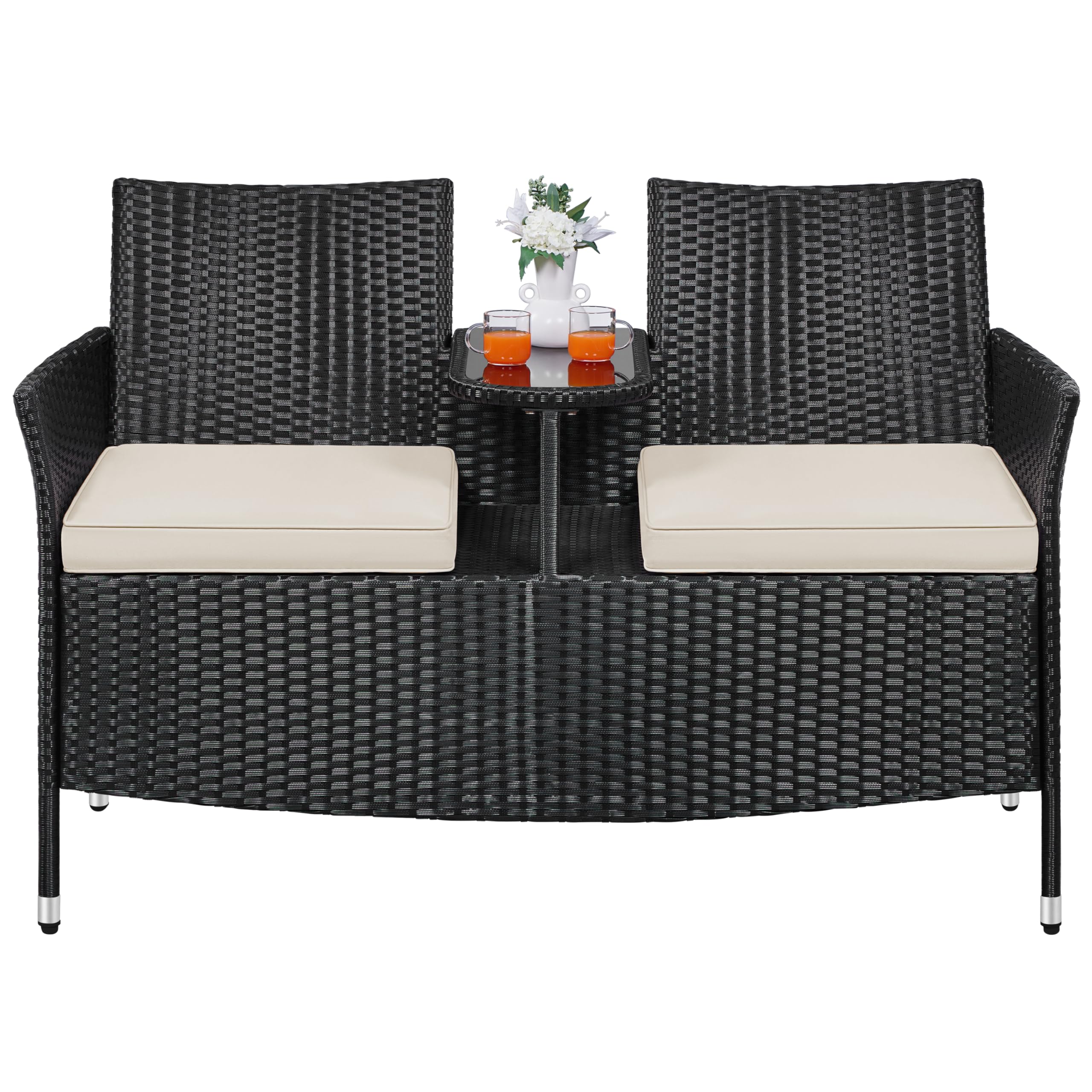 Yaheetech Garden Rattan 2 Seater Companion Seat, Wicker Weave Partner Loveseat Bench with Cushions, Patio Outdoor Furniture Set for Balcony, Lawn, Backyard, Black/Beige