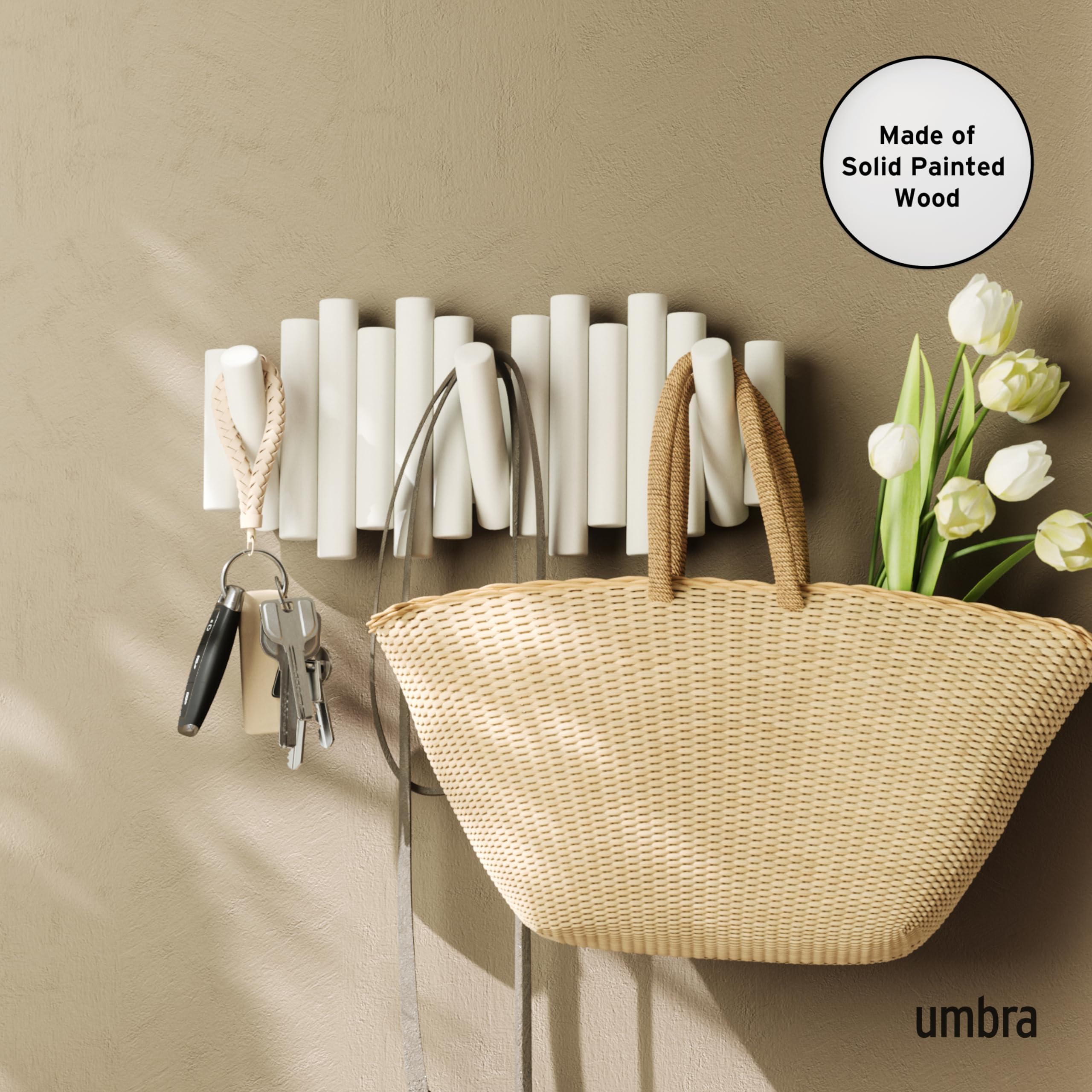 Umbra Picket Wall-Mounted Coat Rack Rail Hook with 5 Retractable Wood Pegs - Modern, Space-Saving Storage Organizer, White - Image 2