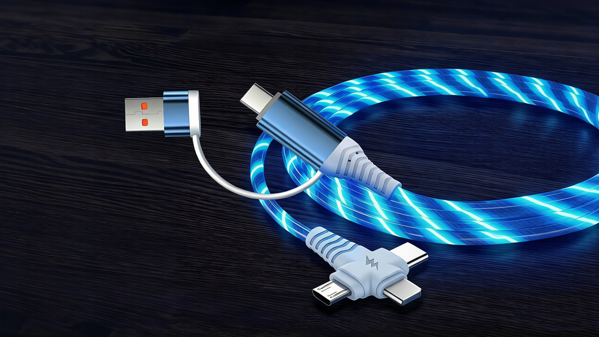 Image of IHAO Multi Ports Light-Up USB Cable USBA /USB C to USBC /MicroUSB Cable Durable Fast Charging Cable with Visible Current Flow As Night Light Use-6in1 Blue