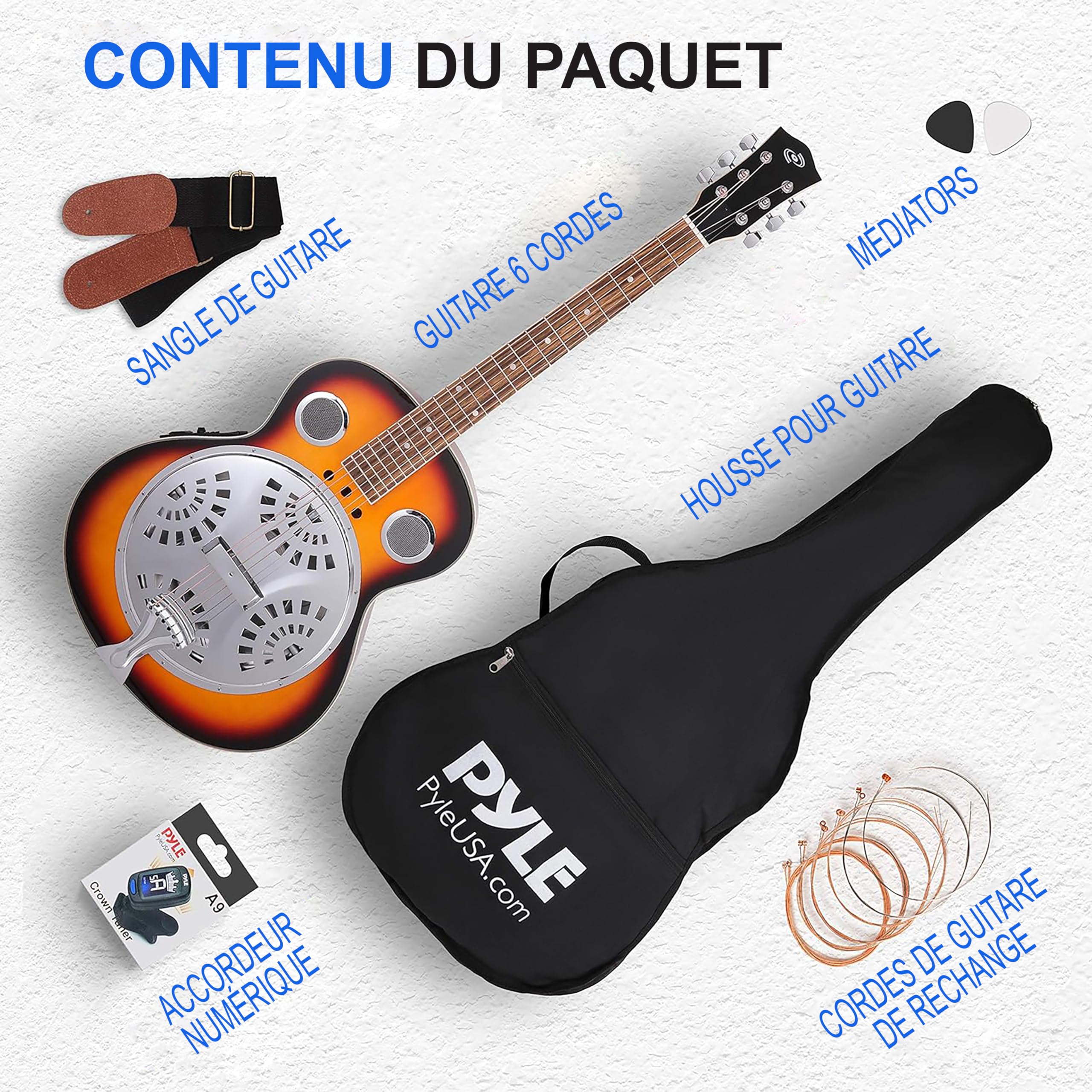 Pyle Guitare - Guitare Electro Acoustique Résophonique, Résonateur Traditionnel à Manche Rond Taille Réelle, Préamplificateur Intégré, Blanc