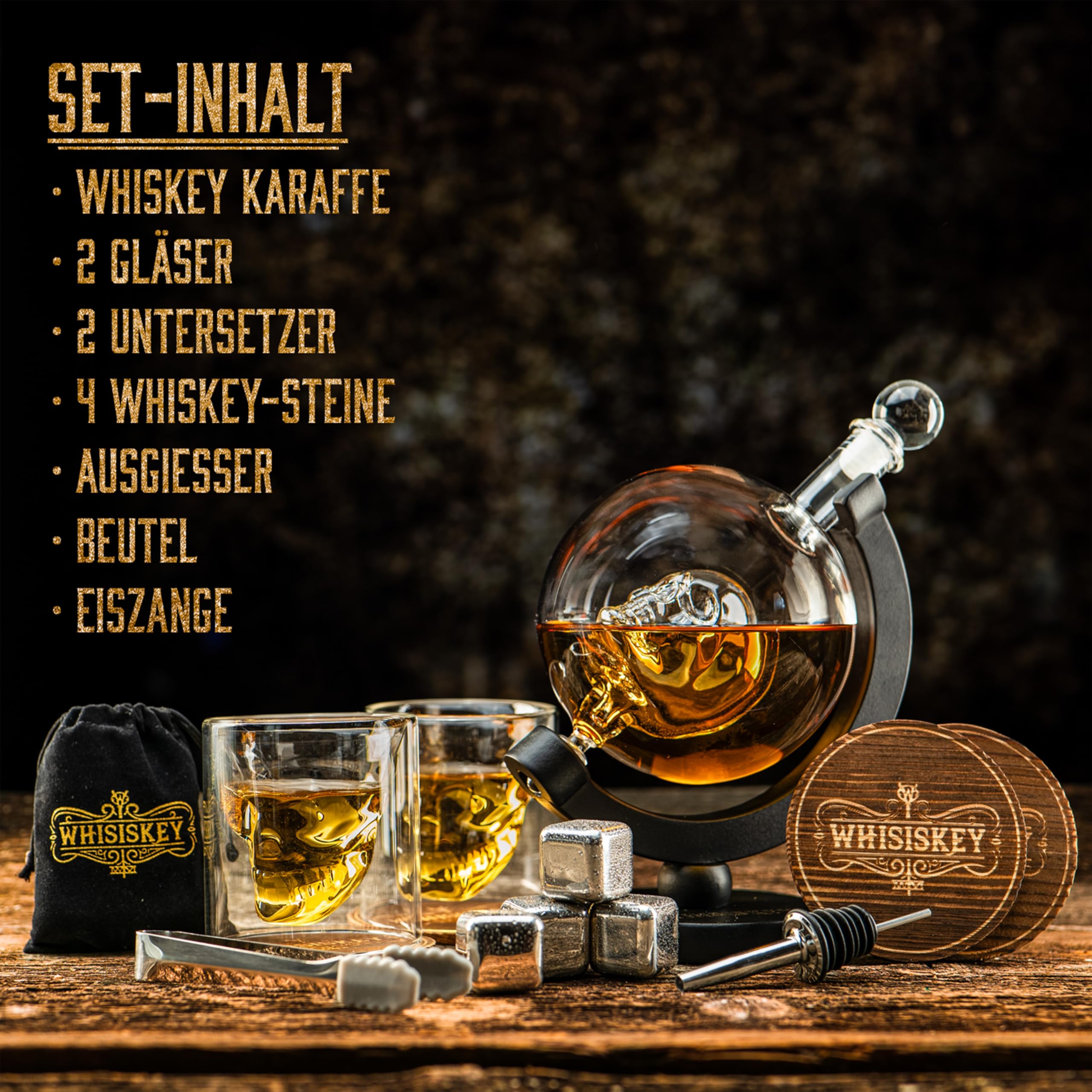Whisiskey Whisky Karaffe Set - Whiskey Geschenkset - Geschenke für Männer - Männergeschenke Geschenk - Geburtstagsgeschenk Mann - Skull Dekanter 900ML, Geschenkbox, 2 Whisky Gläser, 4 Whisky Steine