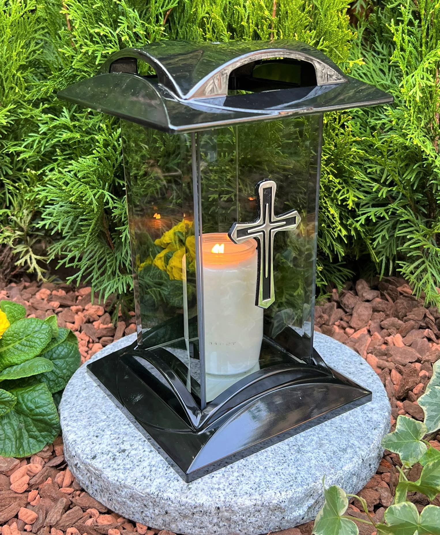 Lampada da tomba con motivo a croce, candela funerale, 27 cm, decorazione per tomba, con candela senza base.