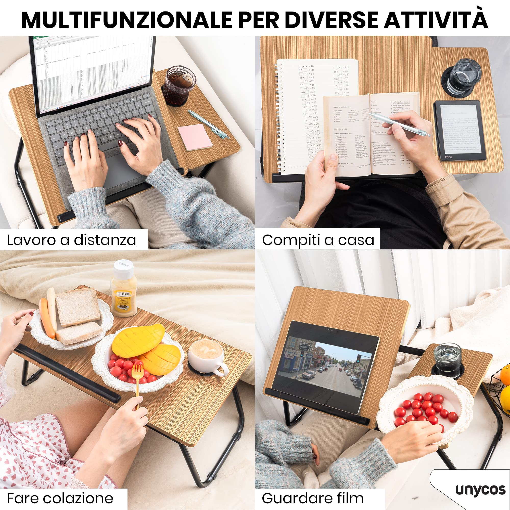 unycos - Vassoio per la Colazione e da Letto, Tavolo Pieghevole PC Portatile【Fino a 15,6"】56x33x23cm (22,04"x12,99"x9,05") 5 Livelli di Inclinazione, Leggio e Slot per Tazza, Supporta 20 kg (Noce)