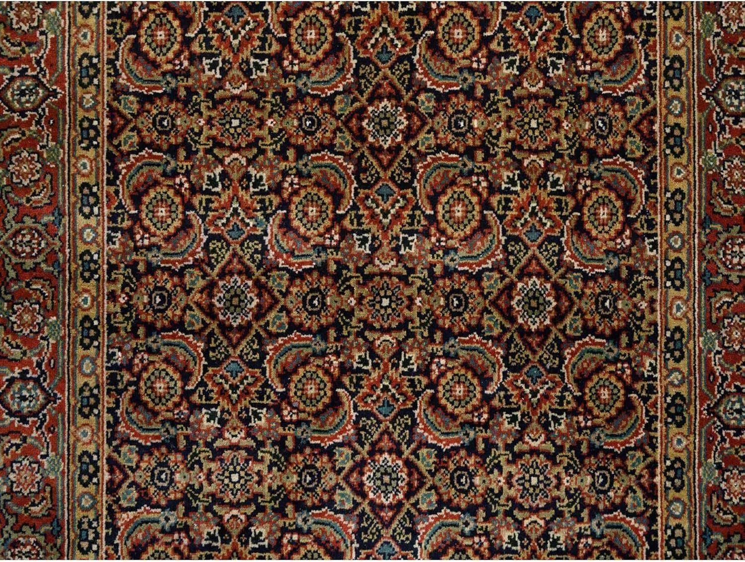 Midnight Blue Herati with All Over Fish Design Dense Weave Wool 175 KPSI Hand Knotted Oriental Gallery Size Runner Rug (4'x10'1")