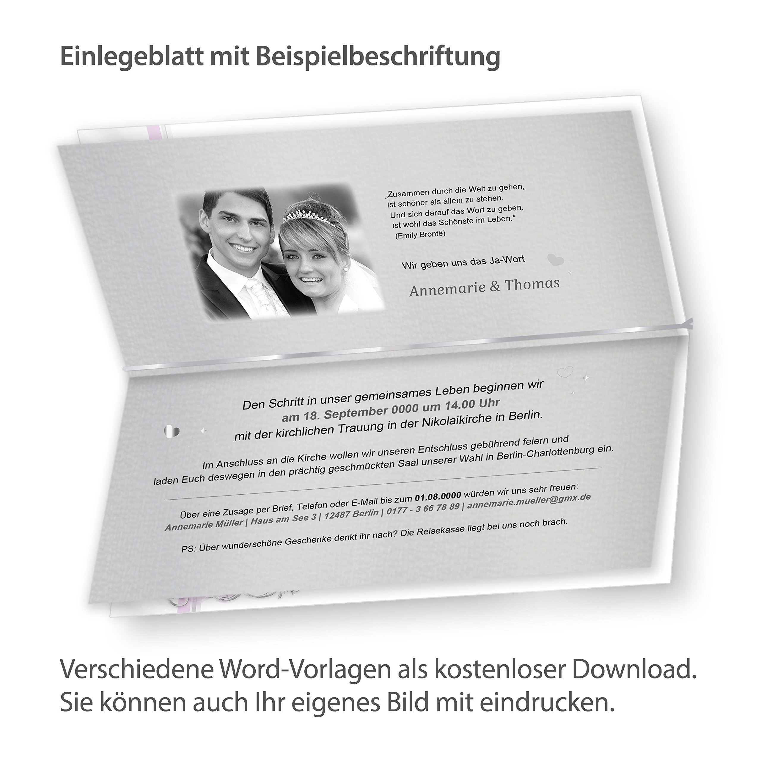 tatmotive Einladung Hochzeit Silber DE LUXE 40 Sets selbst bedruckbar - sehr hochwertige Karten in Silberoptik mit Goldenen Ringen inkl. Einlegeblätter