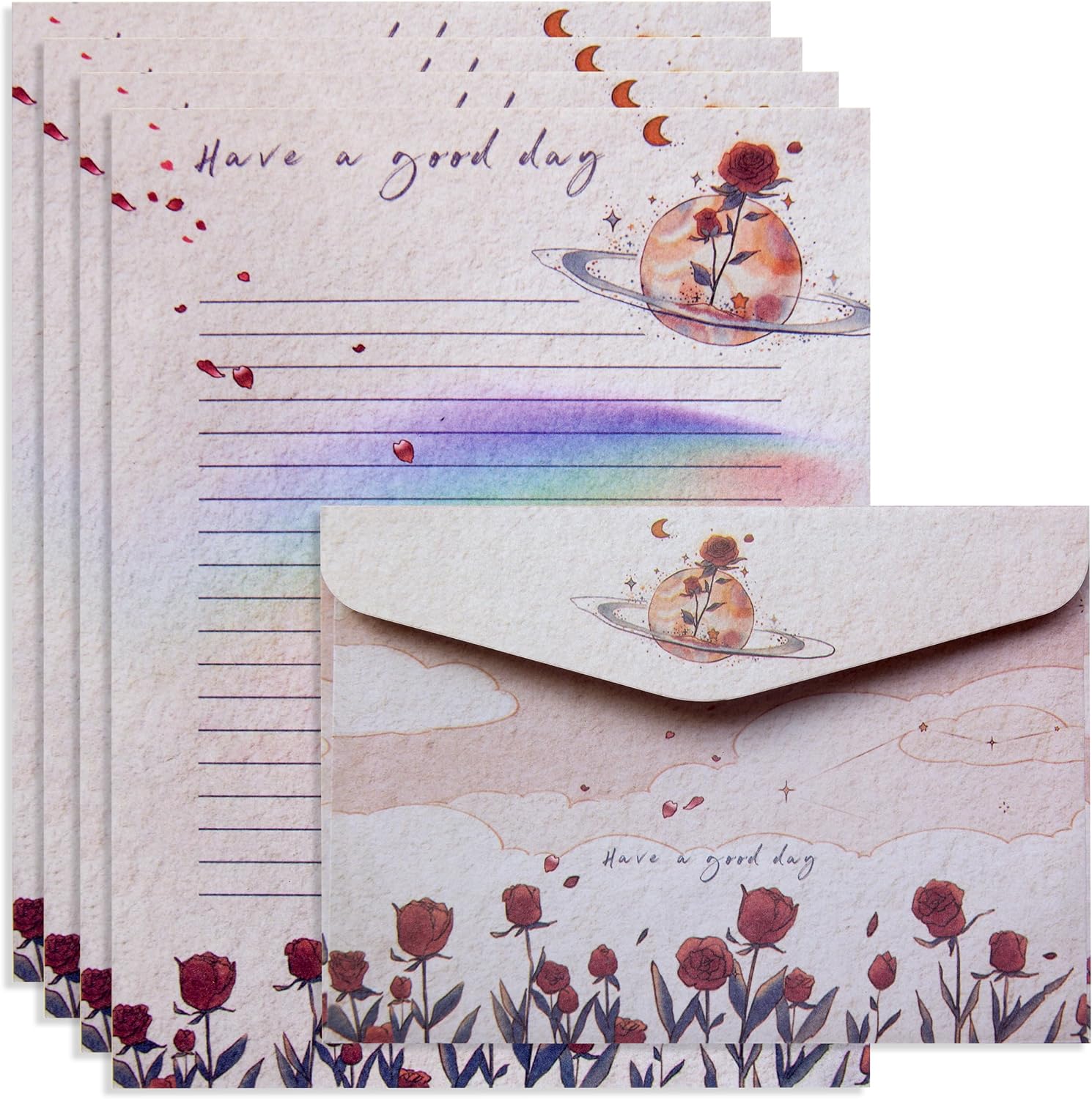 J6&H6 Stationary paper set with a Romantic Butterfly Rose design,5x7 inch envelopes & Premium Paper (16 Lined Sheets + 16 Matching Envelopes) for Love Letters,and Gift Giving (Planet Rose)