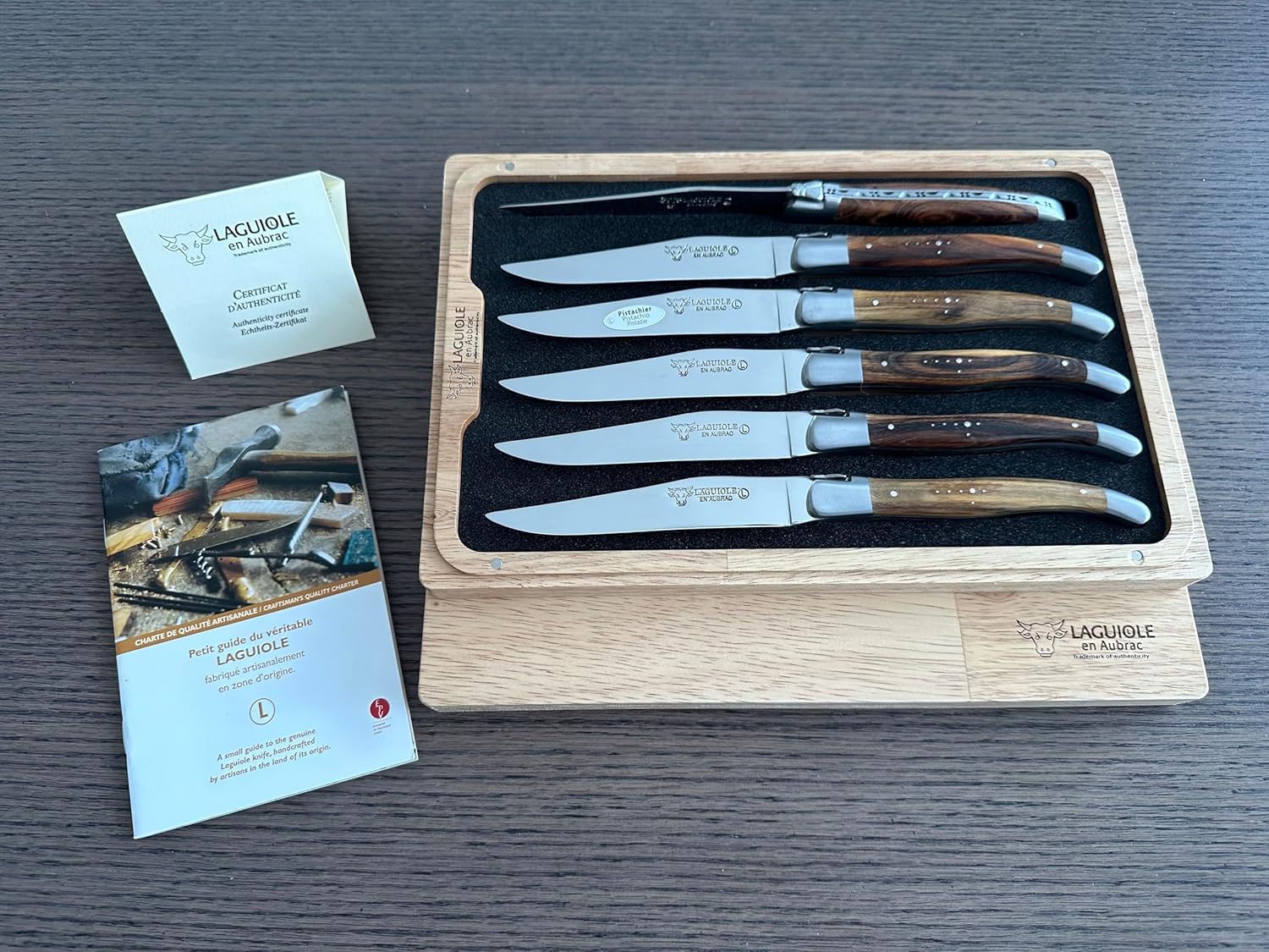 Laguiole en Aubrac Luxury Fully Forged Full Tang Stainless Steel Steak Knives 6-Piece Set, Pistachio Wood Handles, Stainless Steel Brushed Bolsters