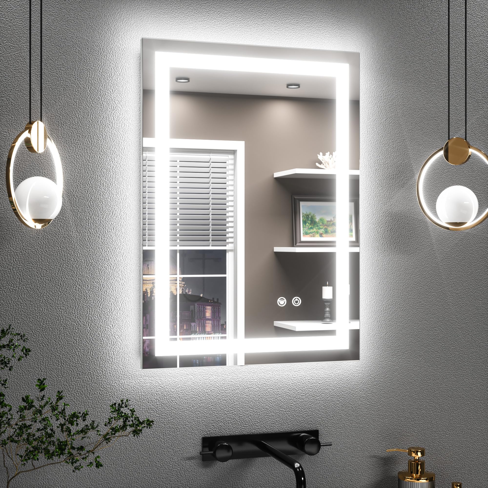 TETOTE 50x70cm Bathroom Mirror with Led Lights, Antifog Wall Vanity Mirror with Lights Back and Front Lit, 3 Colour Dimmable Illuminated Bathroom Rectangle Digital Smart Mirrors