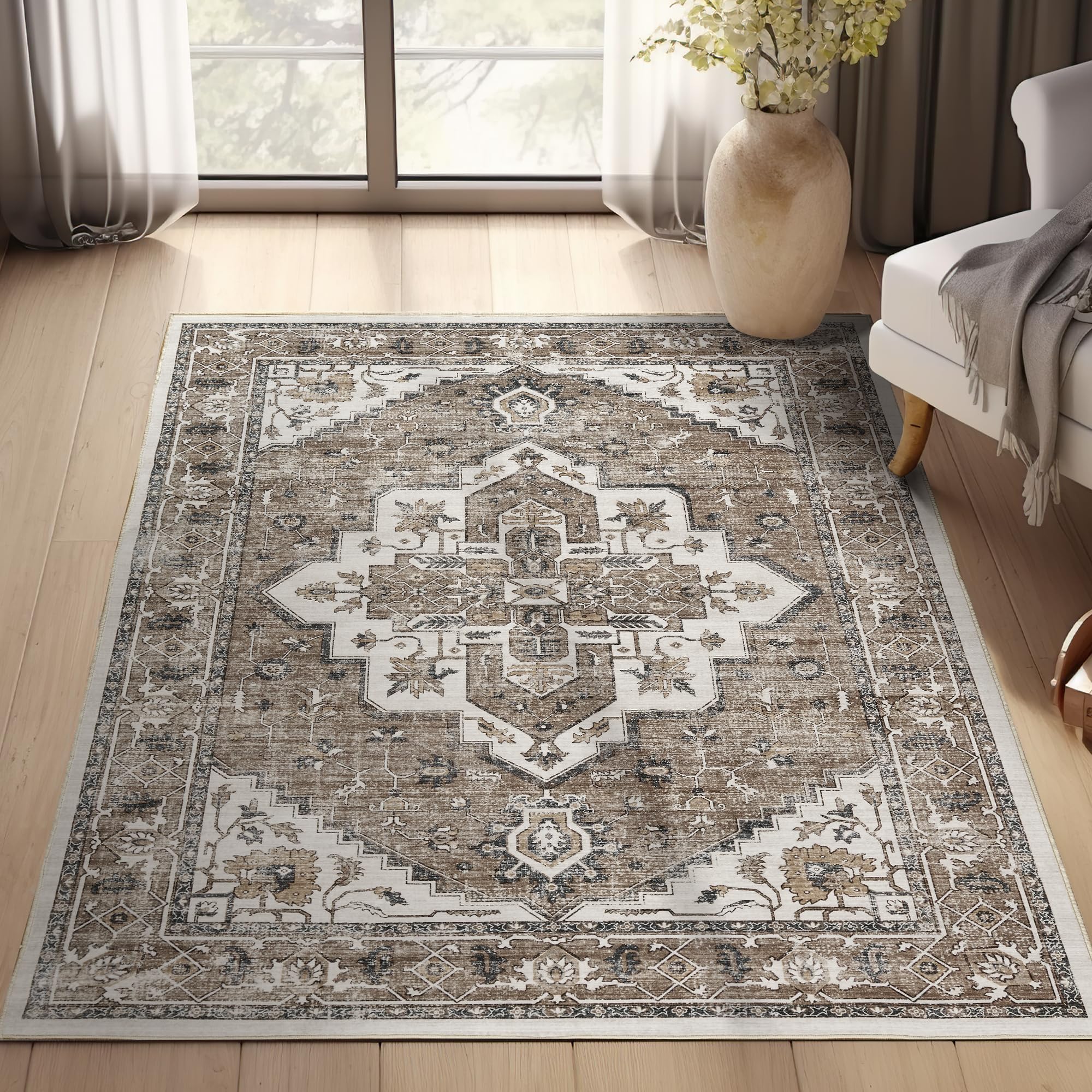 TOPICK Alfombra para salón, 90 x 150 cm, vintage, ligera y fina, lavable, de pelo corto, grande, resistente y suave, antideslizante, para baño, cocina, dormitorio, marrón