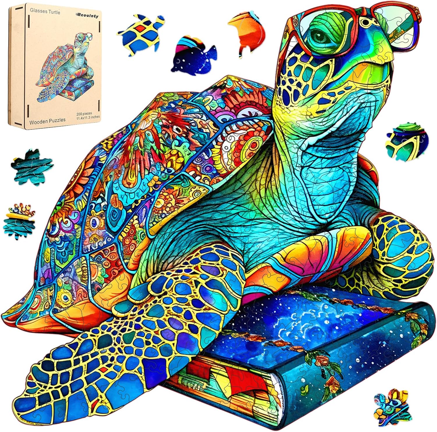 Reouinty Wooden Puzzles, Sea Turtle Book Jigsaw Puzzles 200 Pieces, Wall Decor, Unique Animal Shape Puzzles Pieces, Wood Ocean Puzzles Best Gift for Family Game 11.4x11.3 in