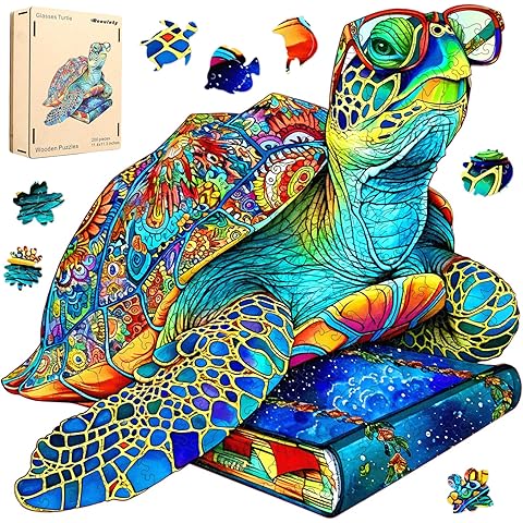 Reouinty Wooden Puzzles for Adults, Glasses Sea Turtle Wooden Jigsaw Puzzles 200 Pieces, Unique Shape Animal Adult Puzzles, Irregular Wood Puzzles Best Gift for Adults Family Game(11.4 * 11.3 in)