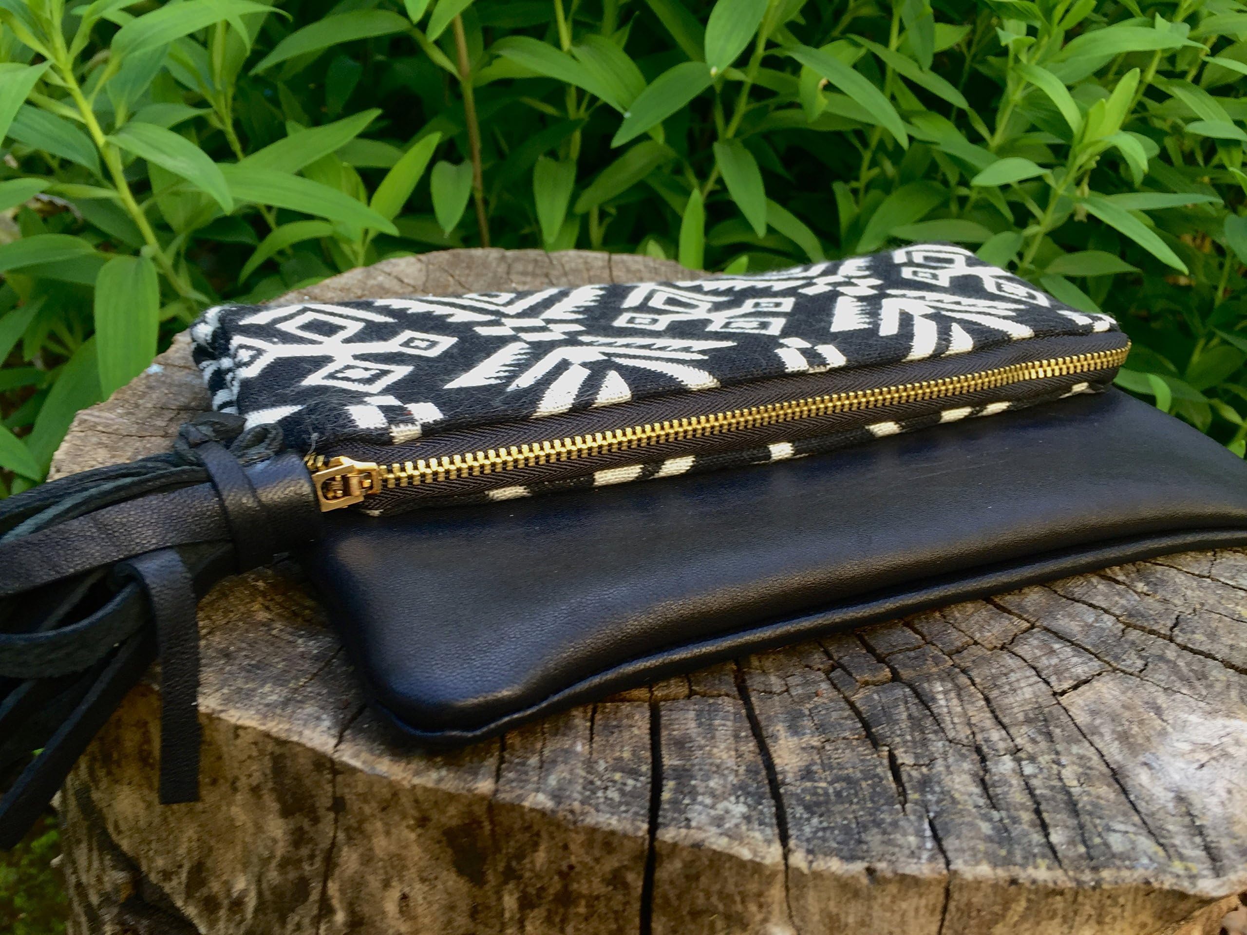 Handmade Black and White Southwestern Leather Fold-Over Clutch