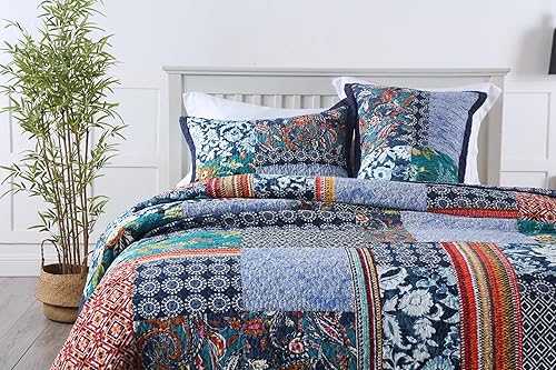 Miniatura 2 de Eastroll Juego de edredón de algodón acolchado de 3 piezas, estilo bohemio, tamaño Queen