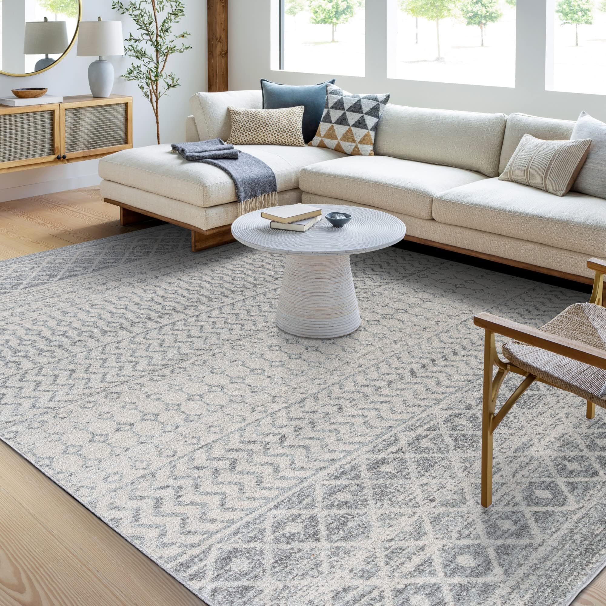 Livabliss Area Rugs - 10x14 Chester Boho Moroccan Gray Rug for Living Room Bedroom - Large Grey White Geometric Stain Resistant Carpet for Nursery, Kitchen And Office (10' x 13'11")