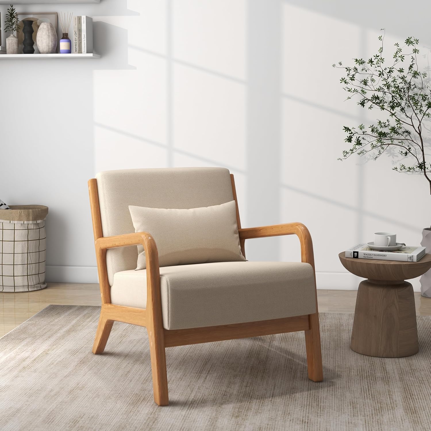 Accent Chair, Mid Century Modern Armchair with Pillow, Upholstered Lounge Sofa Reading Side Chair for Living Room Bedroom