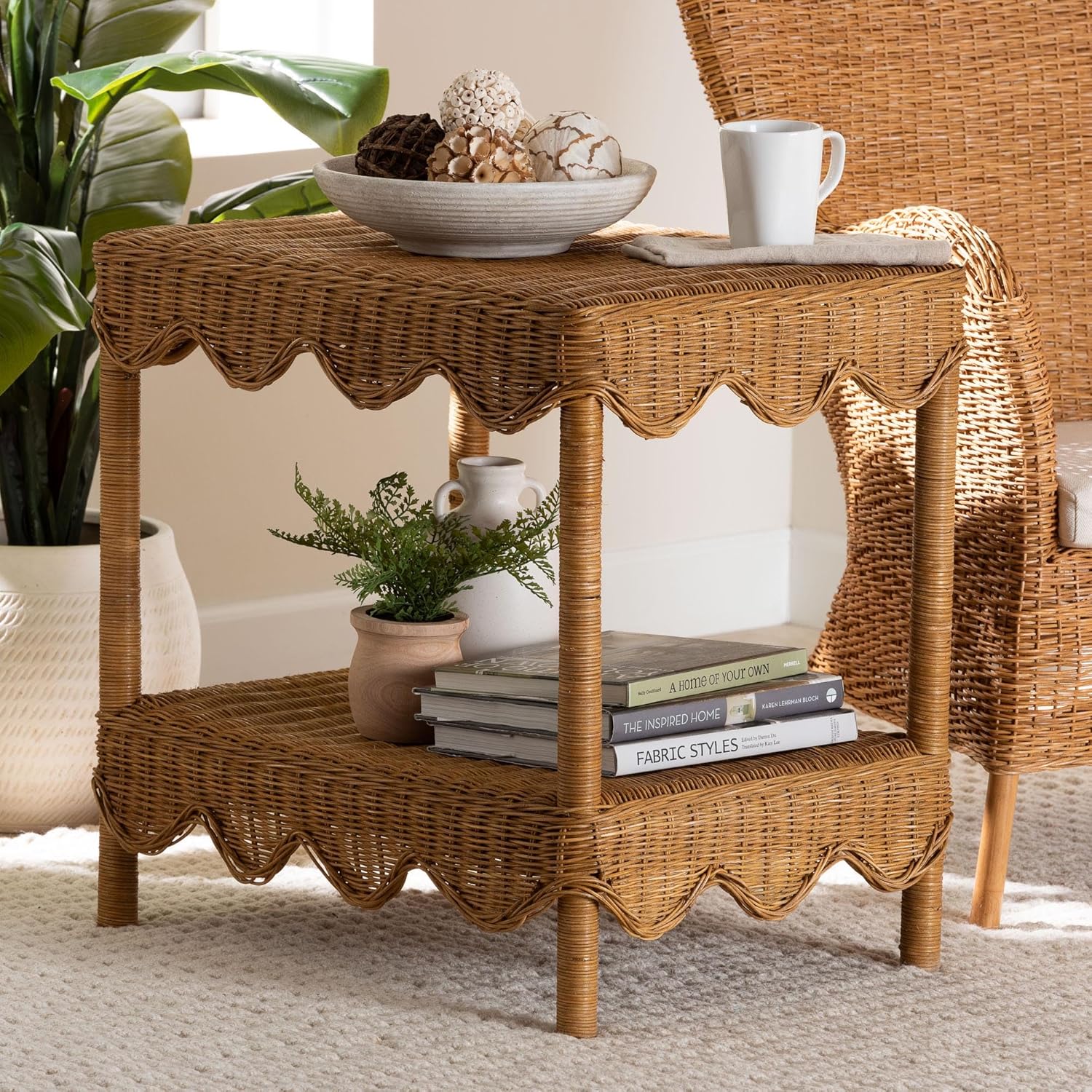 Bali & pari Oteria Bohemian Light Honey Scalloped Rattan Side Table