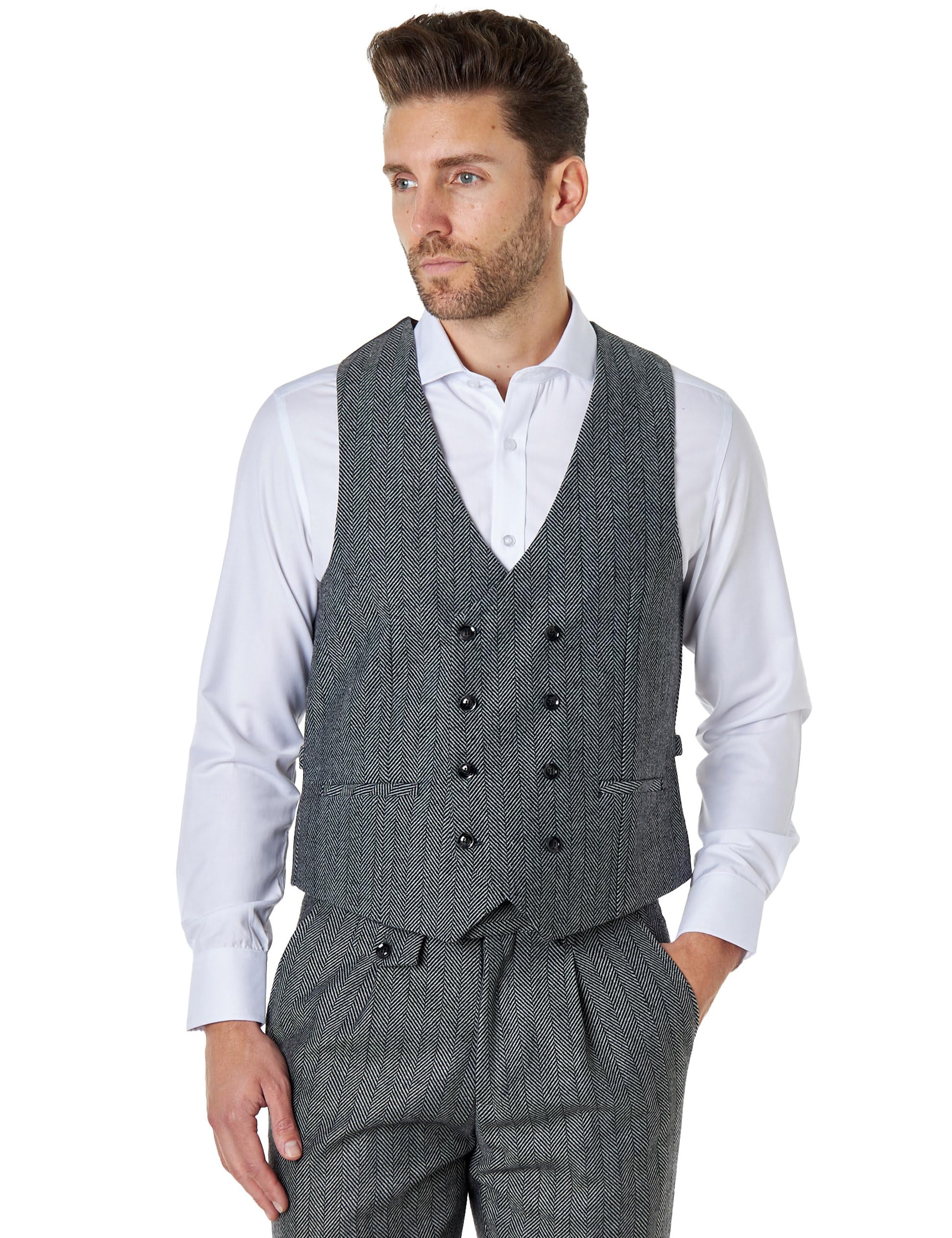 Xposed TYLER Men’s Tweed Waistcoat Retro 1920s Double Breasted Herringbone Retro Tailored Fit Vest [WDB-TYLER-LIGHT-GREY-50]